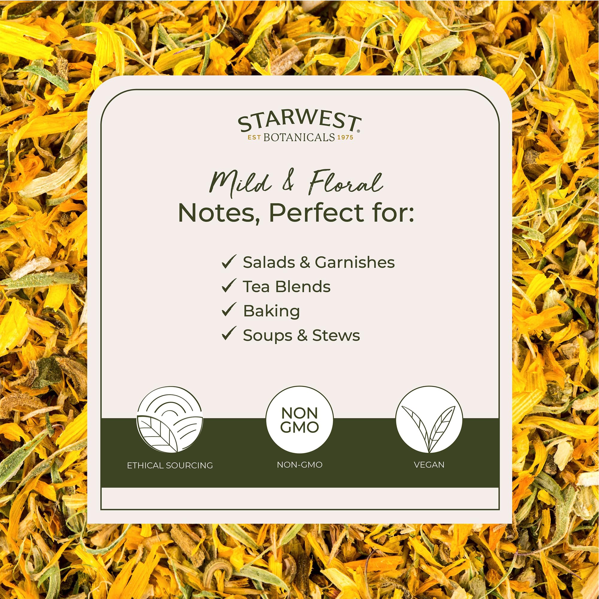 Starwest Botanicals Organic Dried Calendula Flowers - Natural Loose Leaf Herb for Tea & Culinary Use, Herbal Calendula Petals, Caffeine Free