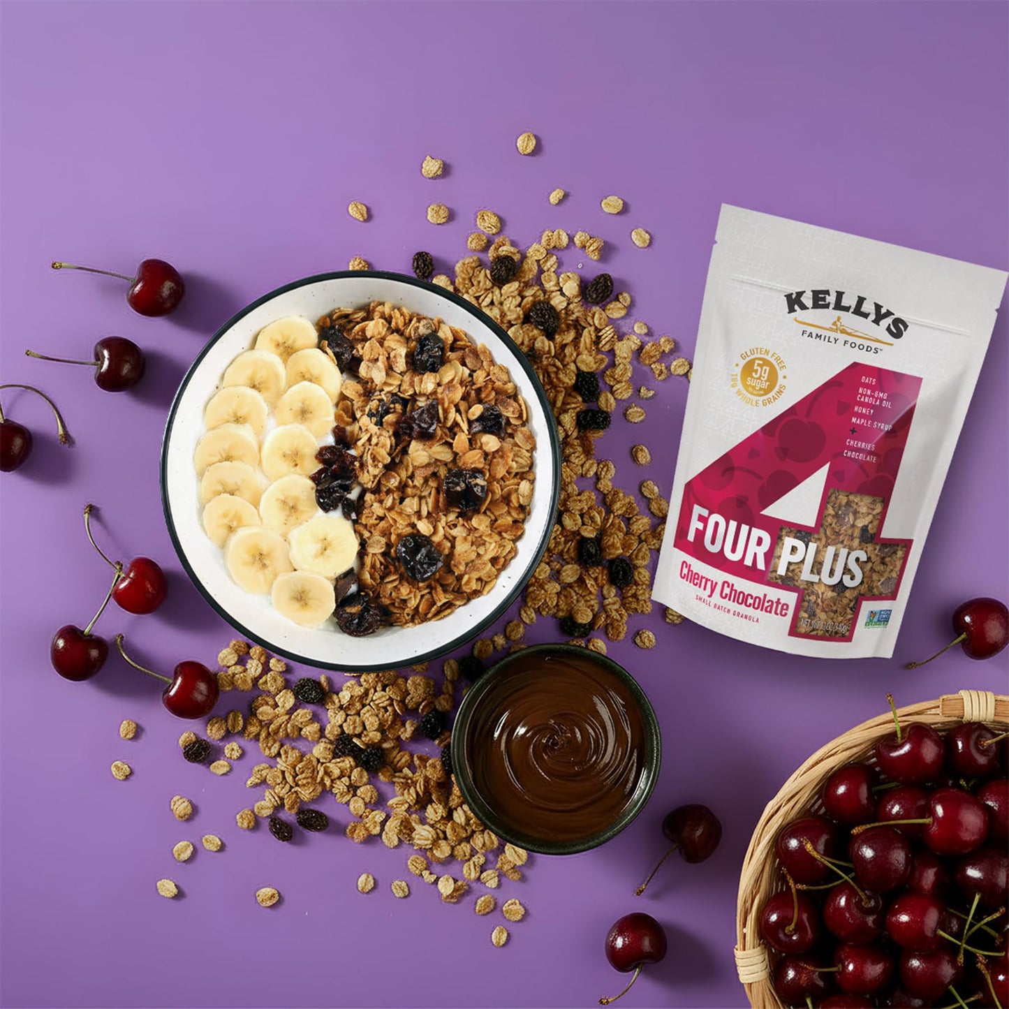 Kellys Four Plus Granola Cereal | Cherry Chocolate Healthy Granola for Yogurt | Hand Made Snacks for Breakfast - 12 oz