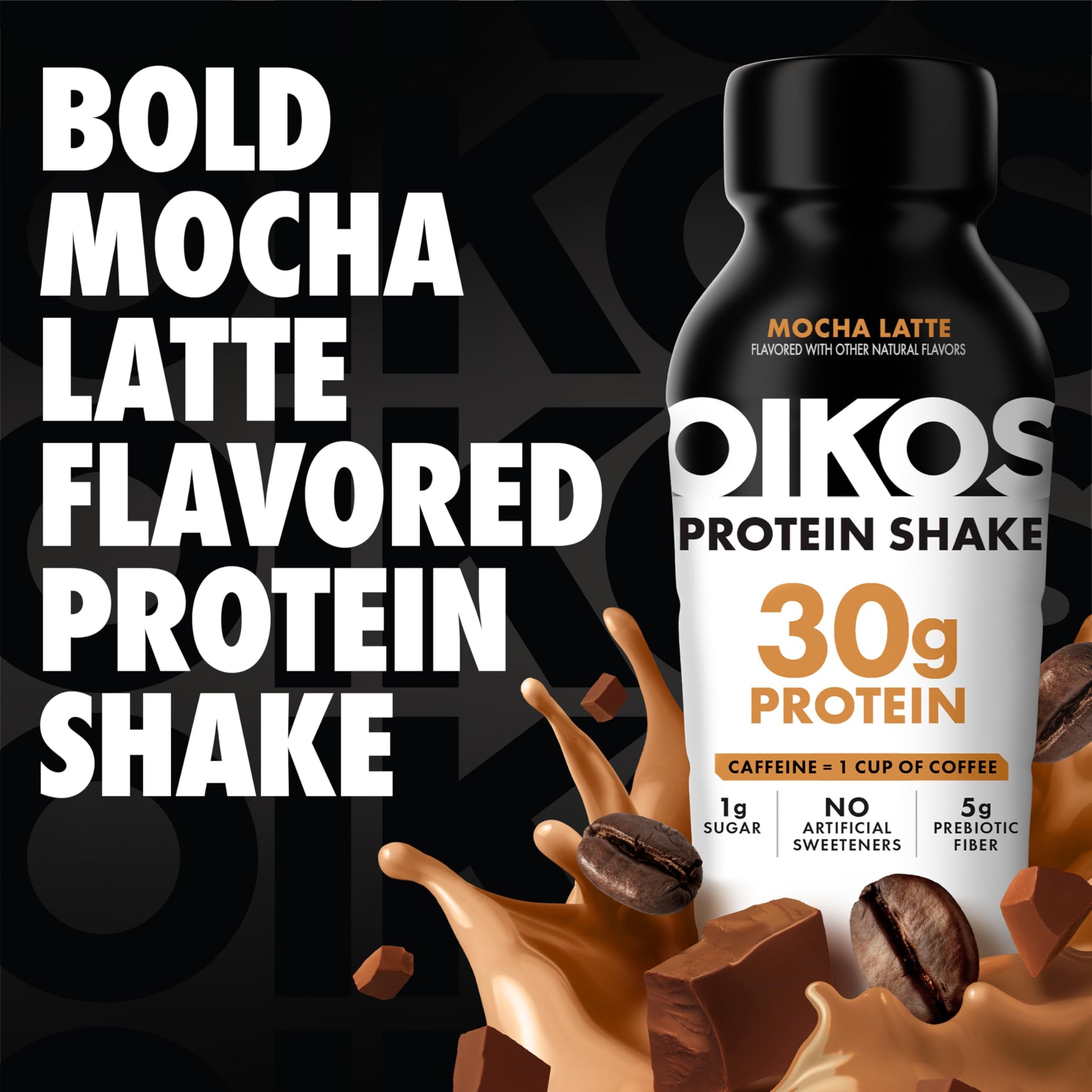 Oikos 30g Protein Shake, Mocha Latte, Shelf Stable, High Protein Drinks, Ready to Drink, 5g Prebiotic Fiber, 12 fl oz Bottle, 4 Count