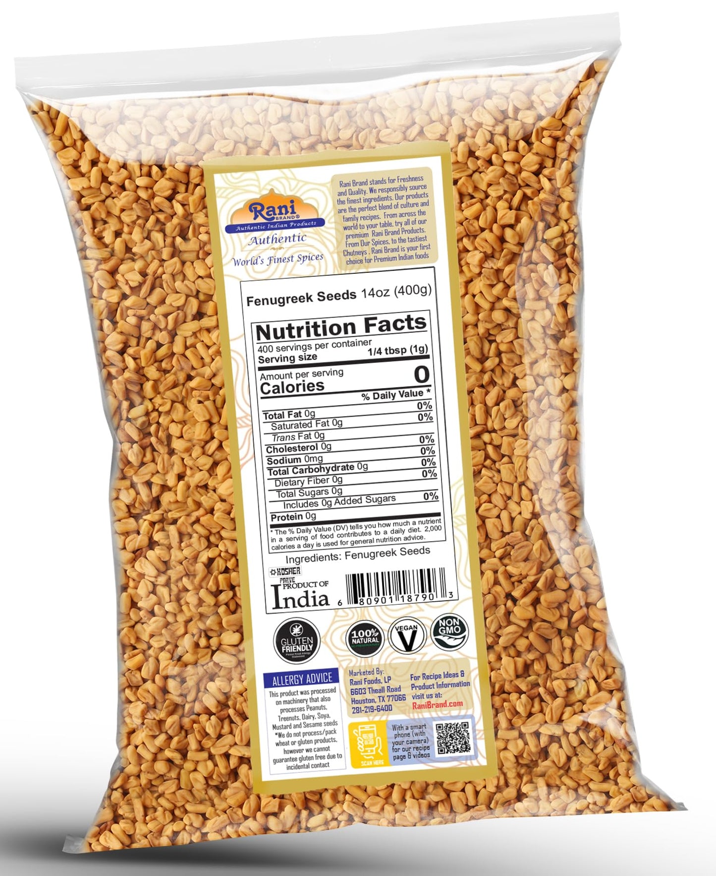 Rani Fenugreek (Methi) Seeds Whole 14oz (400g) Trigonella foenum graecum ~ All Natural | Vegan | Gluten Friendly | Non-GMO | Kosher | Indian Origin
