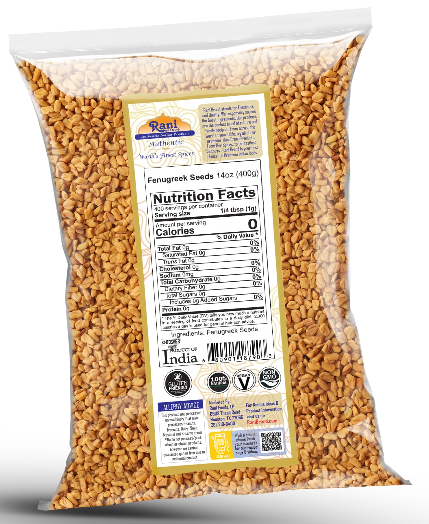 Rani Fenugreek (Methi) Seeds Whole 14oz (400g) Trigonella foenum graecum ~ All Natural | Vegan | Gluten Friendly | Non-GMO | Kosher | Indian Origin
