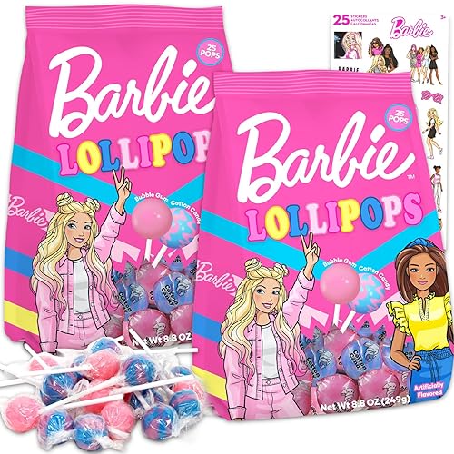 Barbie Lollipops Bulk Pack - 50 Individually Wrapped Halloween Hard Candy Suckers Sweets Treats, Pinata, Stickers - Assorted Pop Flavor Party Favors
