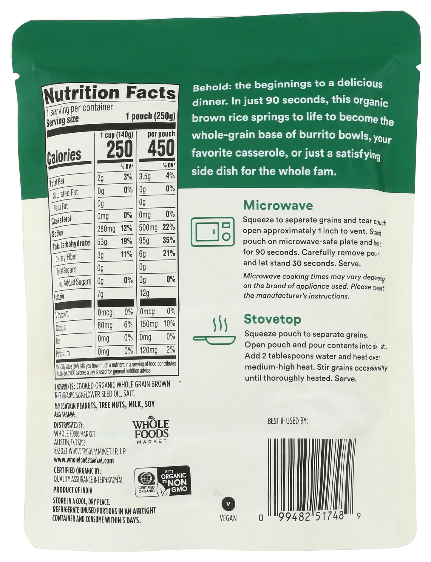 365 by Whole Foods Market, Organic Whole Grain Brown Rice, 90-Second Microwave in Pouch, 8.8 Ounce