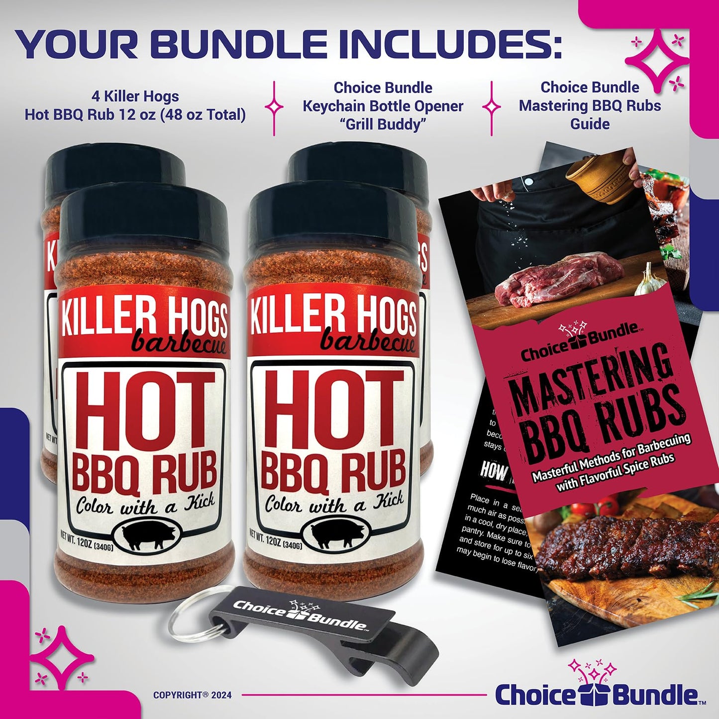 Killer Hogs Hot BBQ Rub Premium Barbecue Rub & Seasoning 4 pk (48 oz) + Guide & Bottle Opener (6 Items)!