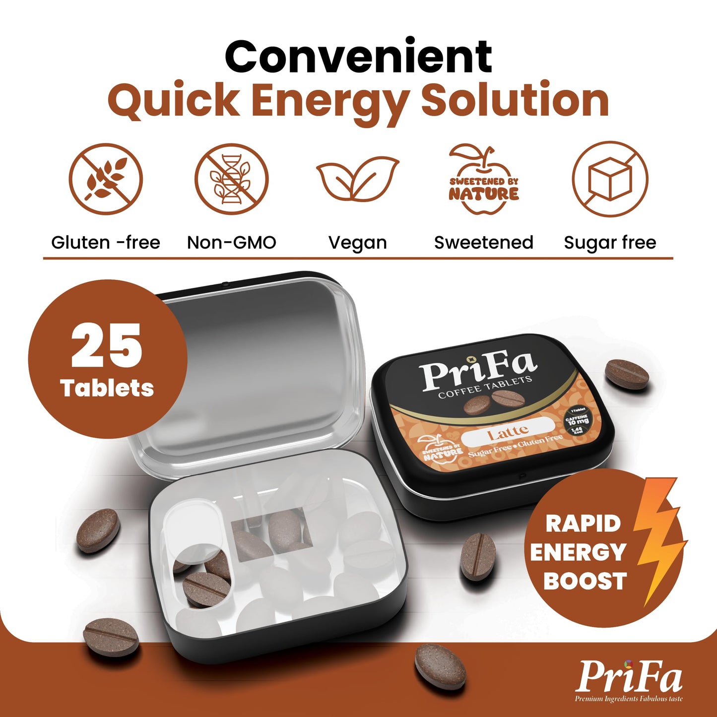PriFa Sweet Latte Coffee Tablets - Water-Free Coffee, Instant Coffee On-The-Go, Sugar-Free, Pocket-Friendly, Portable Caffeine Boost - 15mg Caffeine