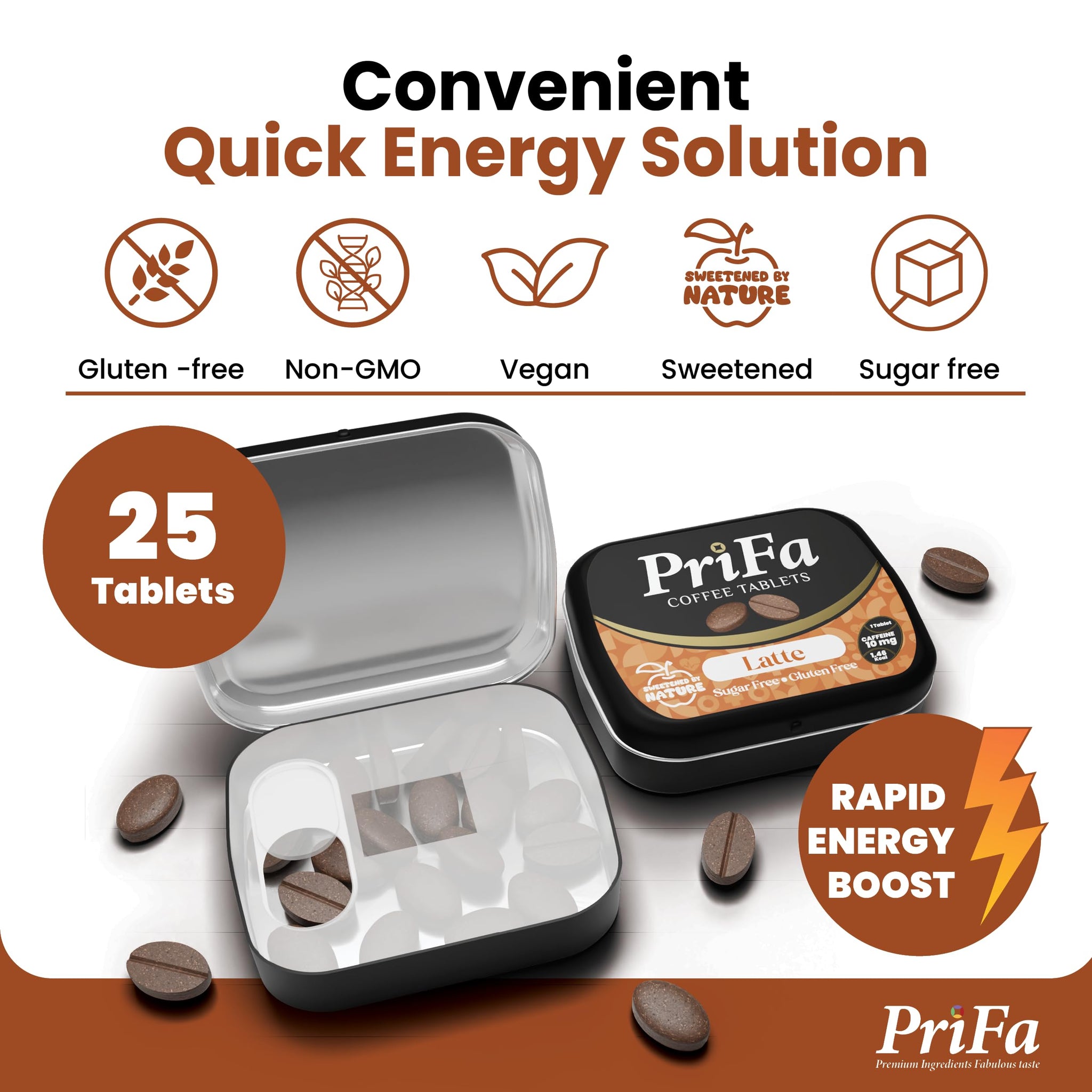 PriFa Sweet Latte Coffee Tablets - Water-Free Coffee, Instant Coffee On-The-Go, Sugar-Free, Pocket-Friendly, Portable Caffeine Boost - 15mg Caffeine