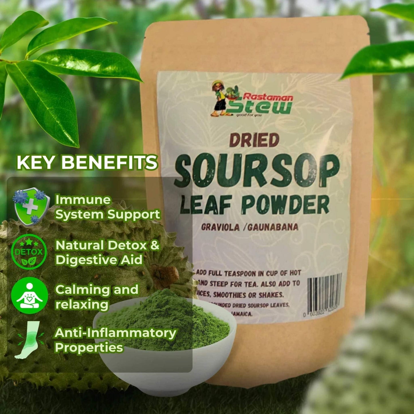 Soursop Leaf Powder Wild Harvested Jamaica | Graviola Powder | Annona Muricata | Stone-Ground Whole Leaf | Wildcrafted Caribbean | Rastaman Stew