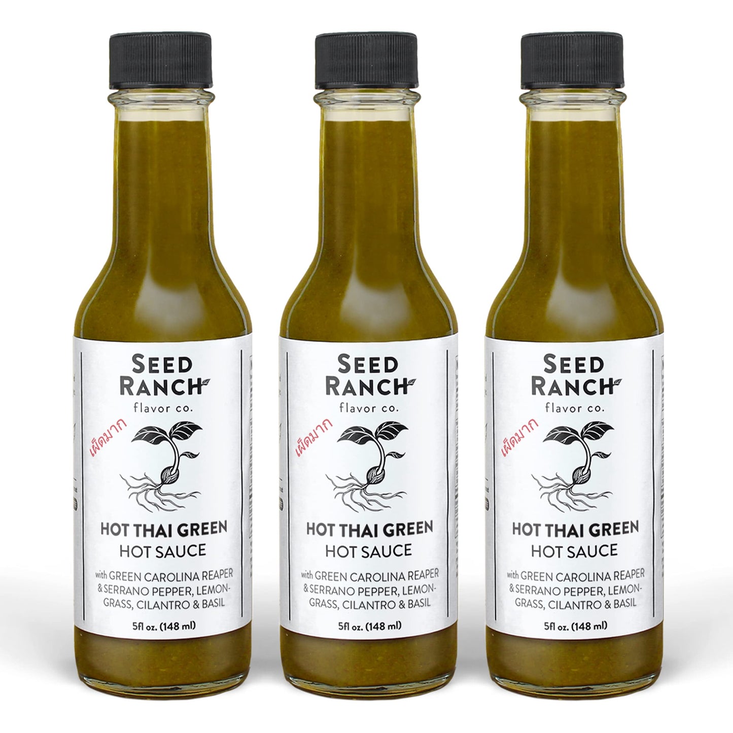Seed Ranch Hot Thai Sauce, 3 Pack - Spicy Heat - Featured on Hot Ones - Green Carolina Reaper Pepper, Organic Gourmet Hot Sauce - Vegan, Non-GMO