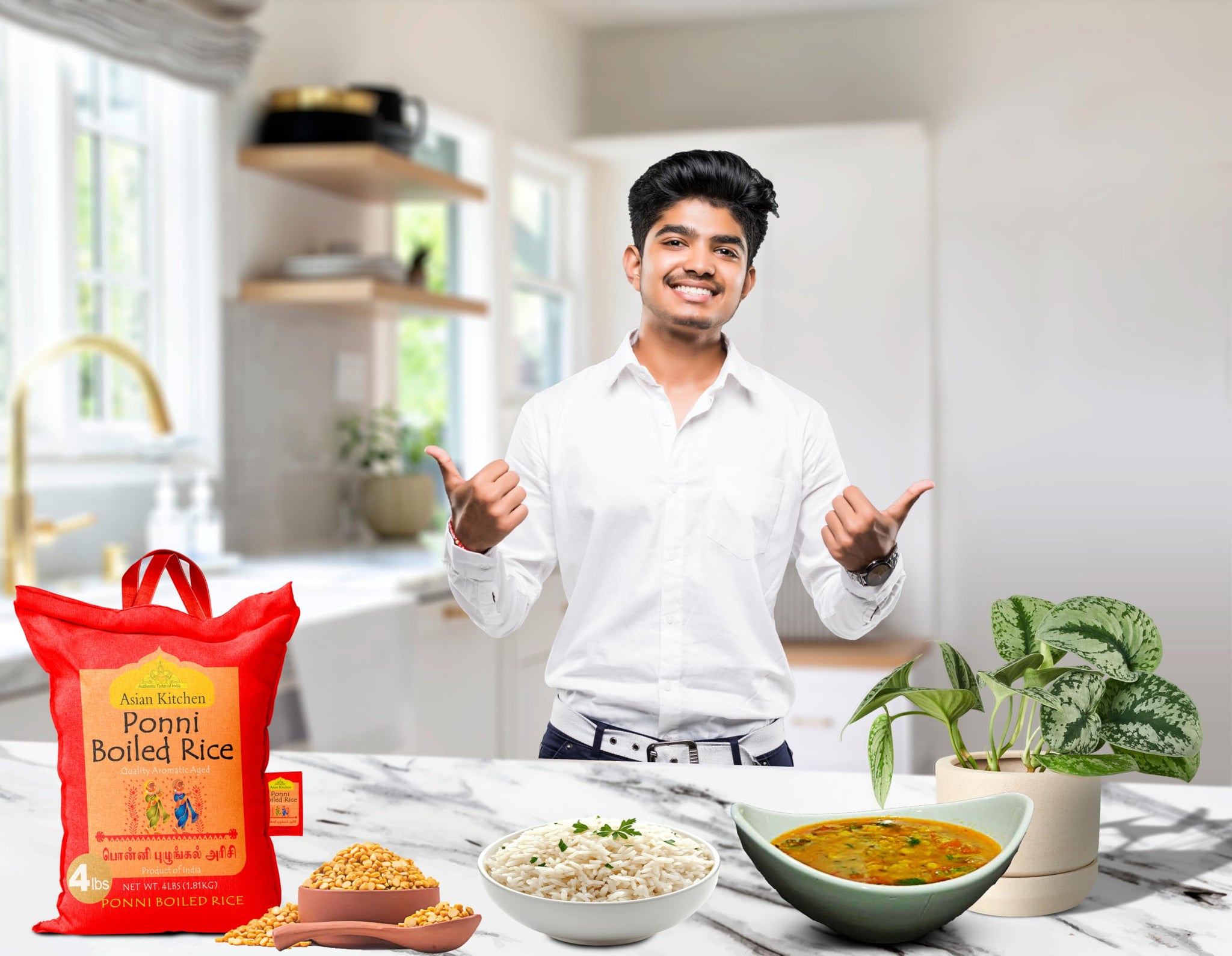 Asian Kitchen Ponni Boiled Rice 4-Pound Bag, 4lbs (1.81kg) Short Grain Par Boiled Rice ~ All Natural | Gluten Friendly | Vegan | Indian Origin |