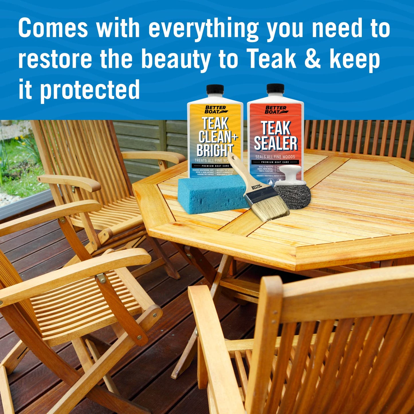 Better Boat Teak Cleaner and Sealer Kit, Includes Brightener, for Wood Restoration, Outdoor Furniture, Boats, Indoor Furniture, Shower Stools, Cleans