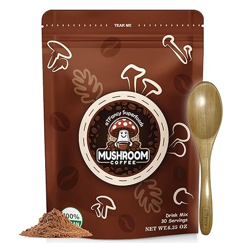 aTFancy Organic Mushroom coffee, Instant, 6 adoptogenic mushroom ingredients, (Pack of 1) 30 servings, 6.35 oz, With Spoon
