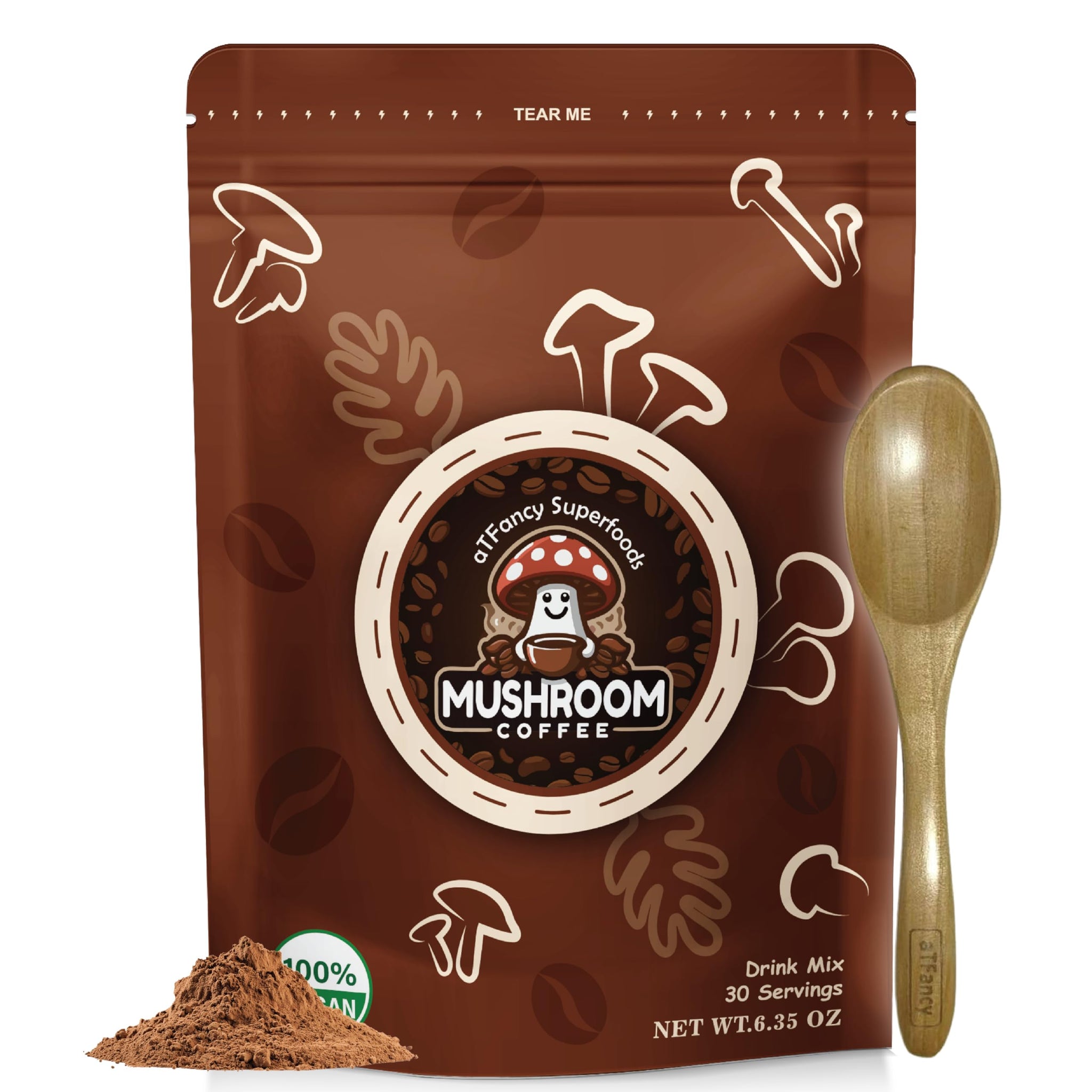 aTFancy Organic Mushroom coffee, Instant, 6 adoptogenic mushroom ingredients, (Pack of 1) 30 servings, 6.35 oz, With Spoon
