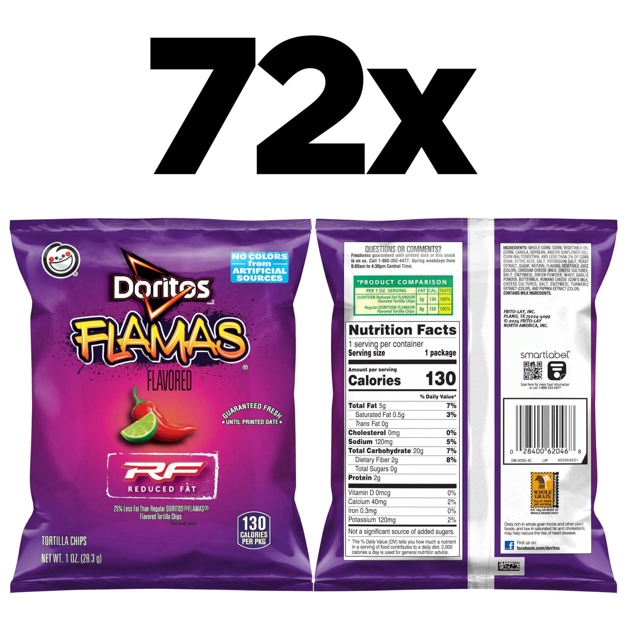 Doritos Reduced Fat Tortilla Chips, Flamas Flavored, 1 Ounce (Pack of 72)