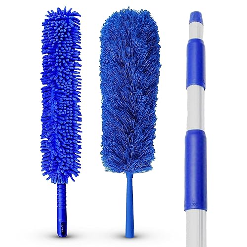 Blue Extension Rod Ceiling Duster with 18-20 feet Reach 3-Stage Aluminum Telescoping Pole - Cathedral, Cobweb, Microfiber, Ceilings Fan Duster