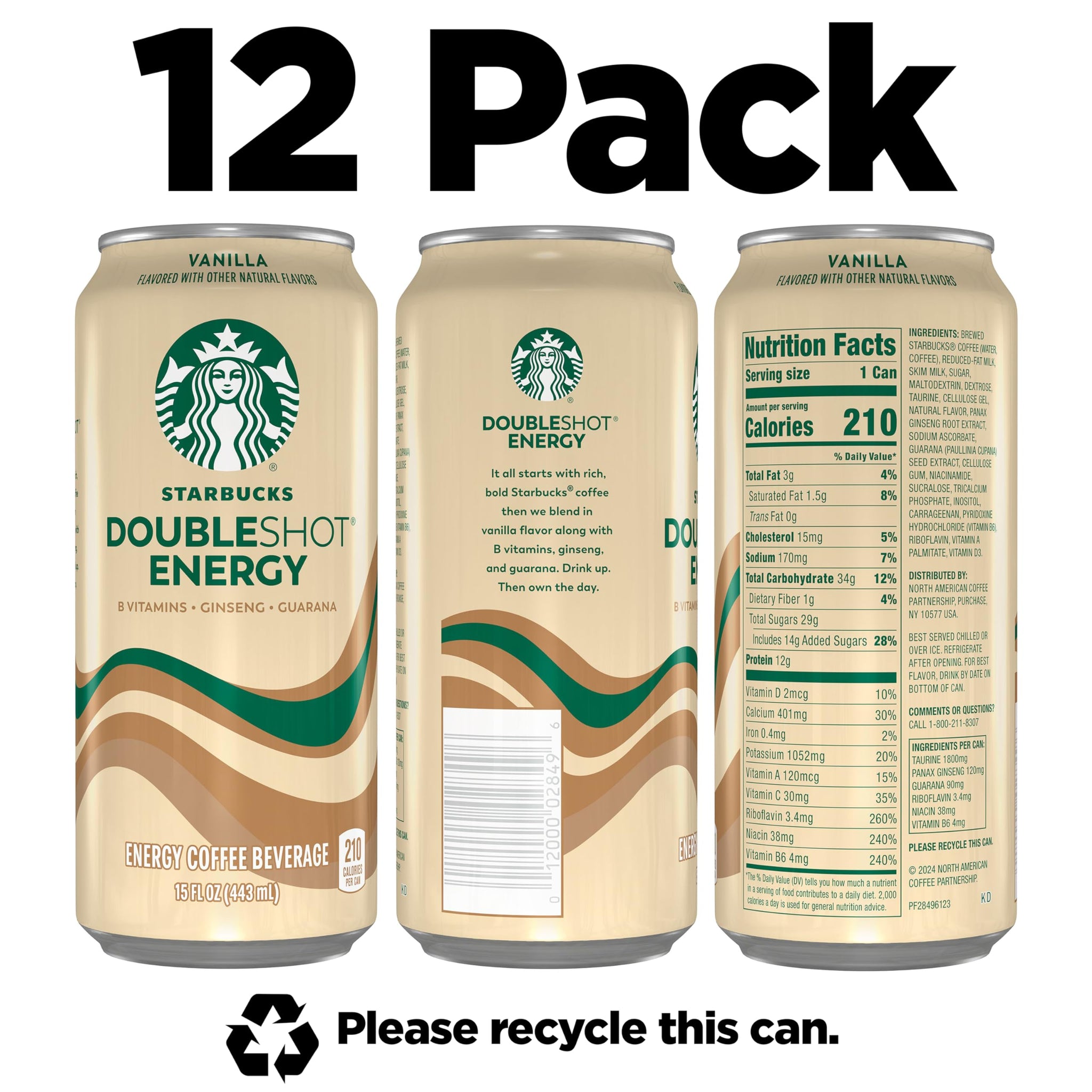 Starbucks Doubleshot Energy Drink Coffee Beverage, Vanilla, Iced Coffee, 15 fl oz Cans (12 Pack)