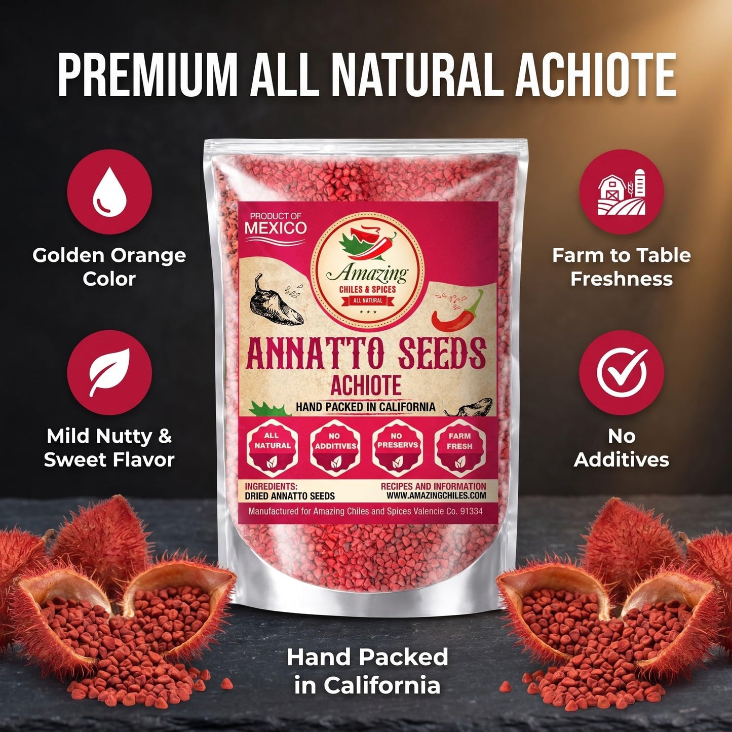 Achiote Seeds - Whole Annatto 4oz. Premium All Natural, Add Color and Mild Flavor in Soup, Stews, Meats and Mexican Recipes