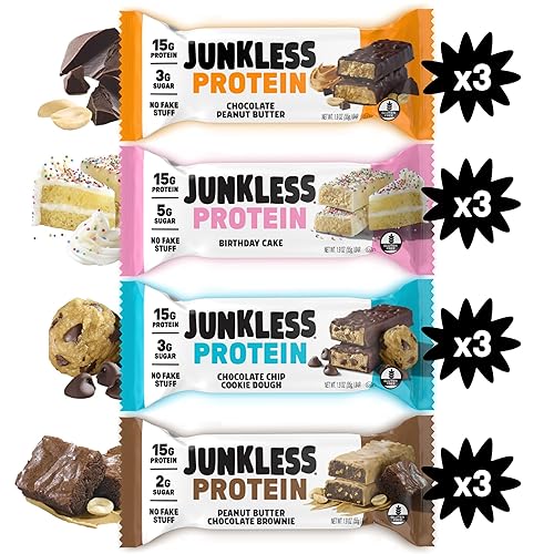 JUNKLESS Protein Bars Variety Pack | Chocolate Peanut Butter, PB Chocolate Brownie, Birthday Cake & Choc Chip Cookie Dough | 15g Protein, No Added