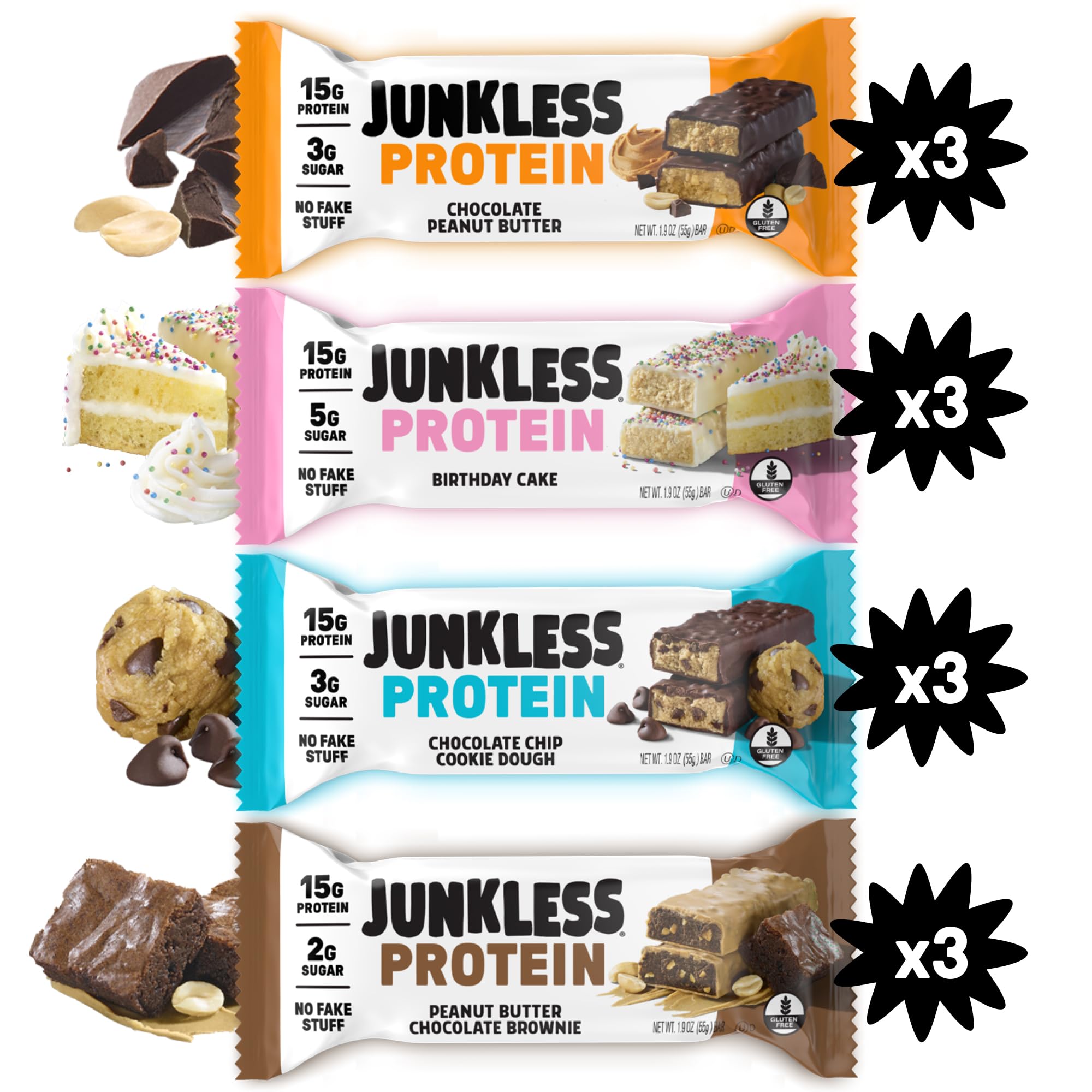 JUNKLESS Protein Bars Variety Pack | Chocolate Peanut Butter, PB Chocolate Brownie, Birthday Cake & Choc Chip Cookie Dough | 15g Protein, No Added
