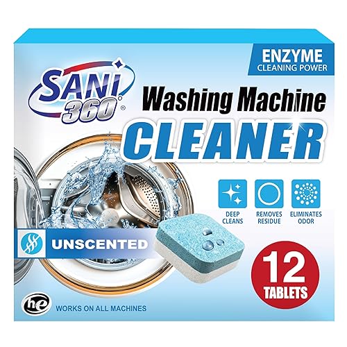 SANI 360° Washing Machine Cleaning tablets, 12 pack is Formulated with Enzyme, Deep Cleans and Deodorizes Front and Top Loading Washers use up