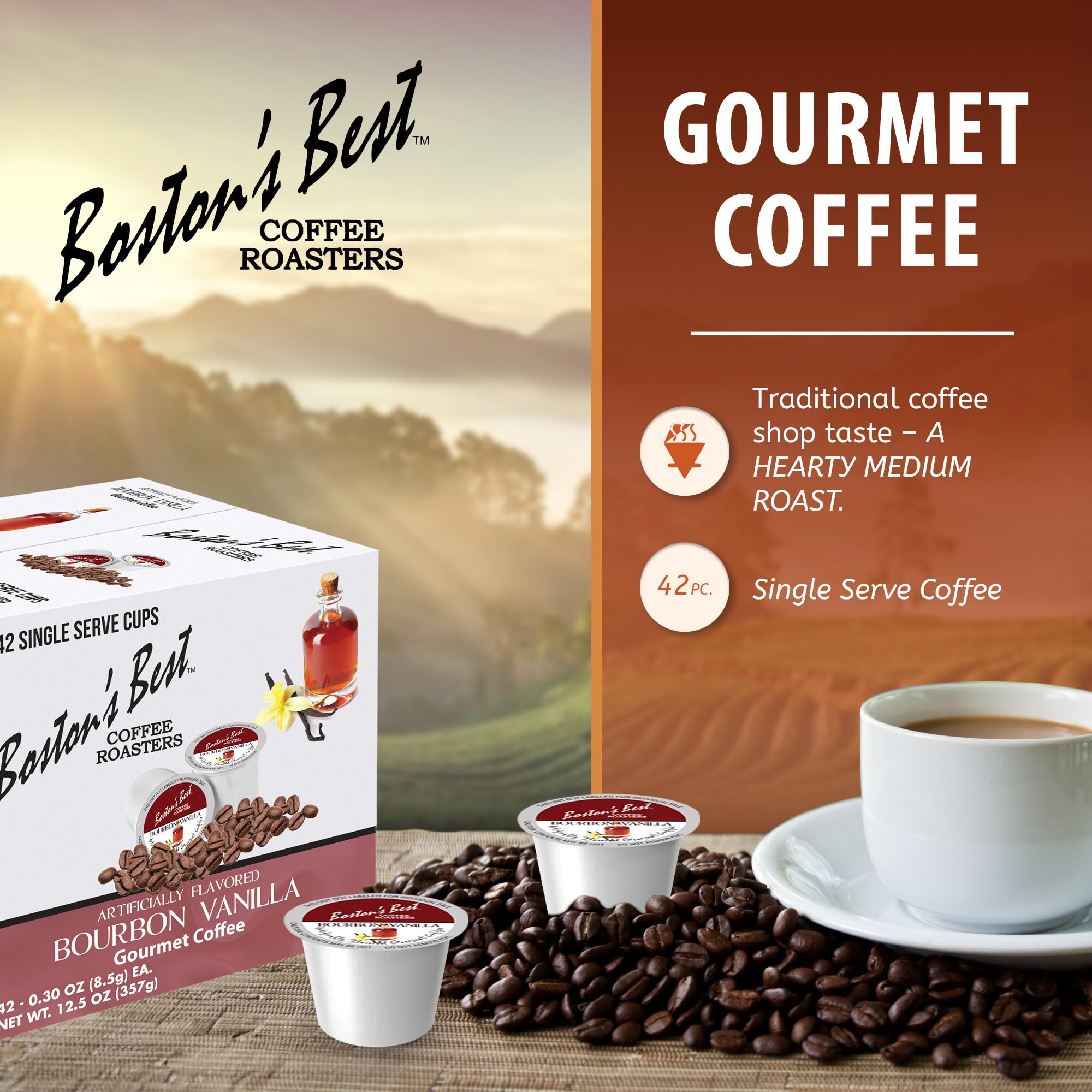 Boston’s Best - Bourbon Vanilla Coffee Blend, Tasty Flavored Blend, Gourmet Compatible with Keurig Coffee Maker, 1 Count (42 Single Serve Medium Roast