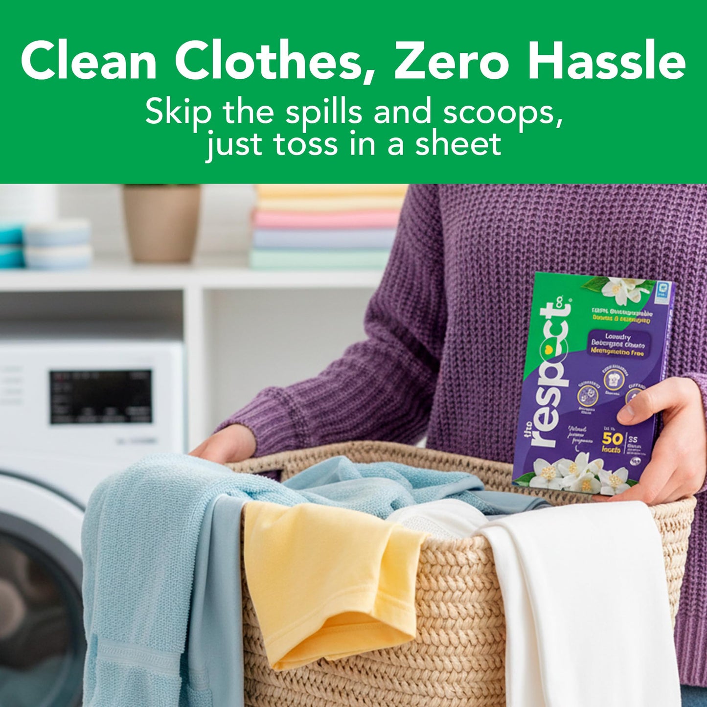 The Respect Co. Travel Laundry Detergent Sheets - Enzyme-Based Dissolvable Washing Machine Sheets - Phosphate & Plastic Free Laundry Detergent - Up