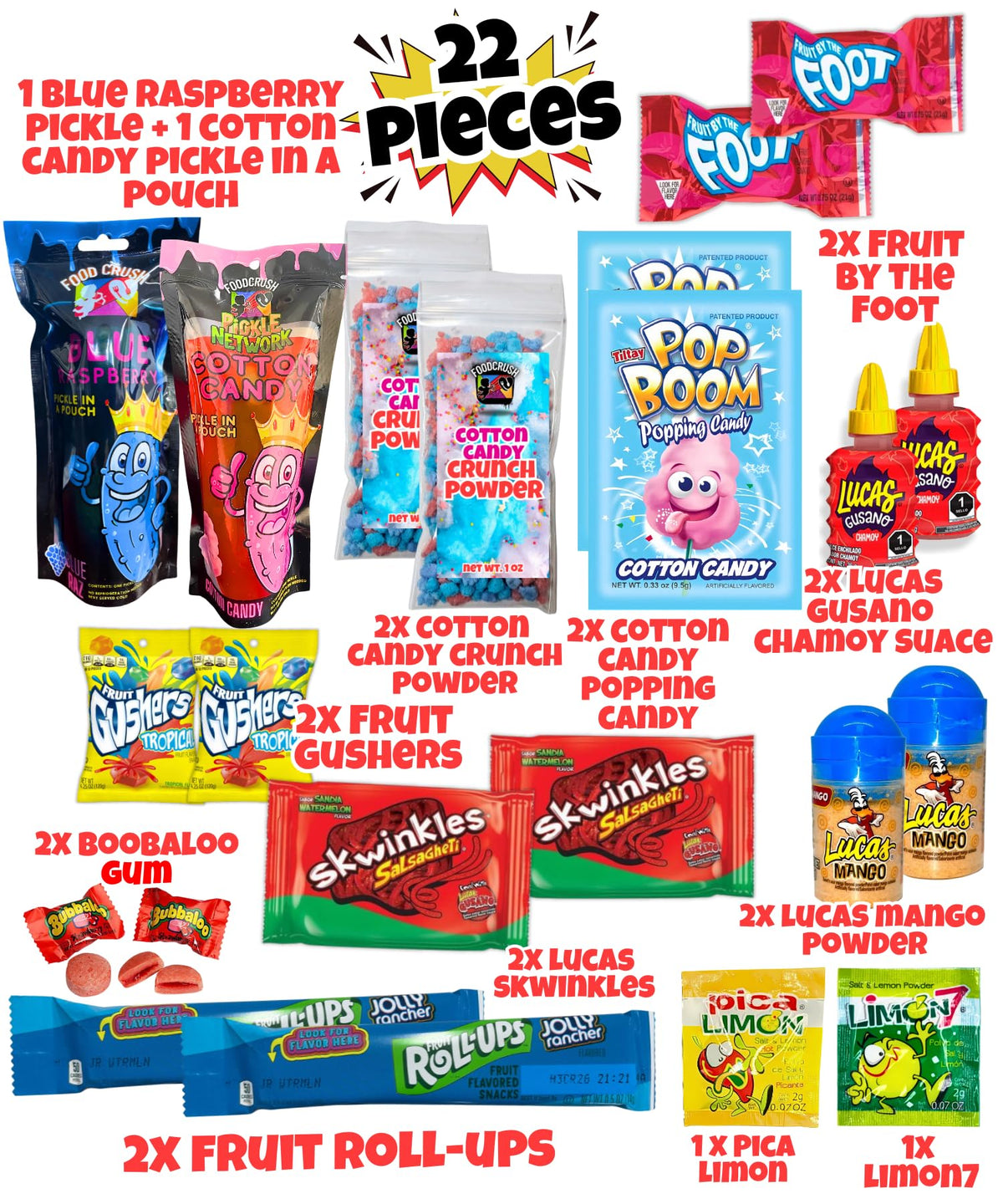 Ashley Dashley's-Blue Raspberry + Cotton Candy Pickle Kit -Gift Pouch-1 Blue Raz + 1 Cotton Candy Pickles w/Skwinkles, Crunch Powder, Fruit Roll