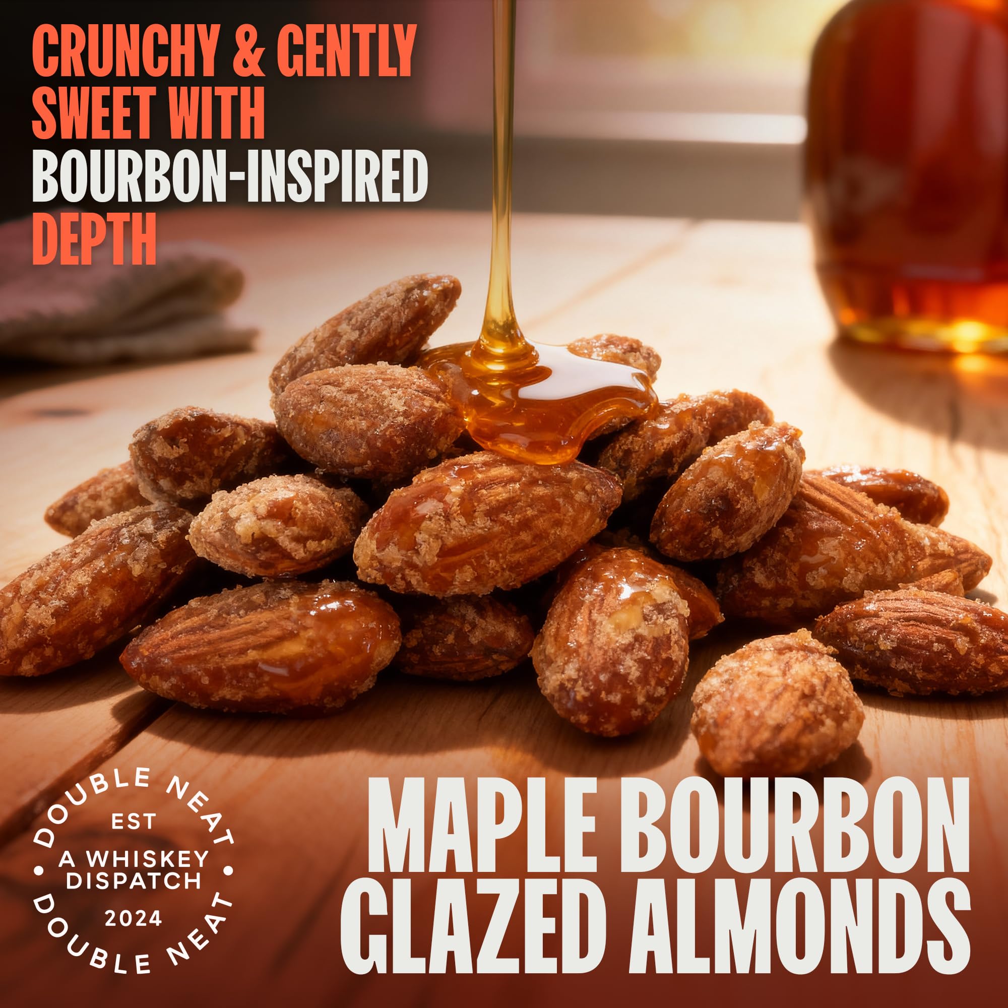Double Neat Maple Bourbon Almonds - Healthy Fathers Day Snacks Gift - Bourbon Snacks for Men - Vegan & Gluten-Free - Slow-Roasted Candied Almonds