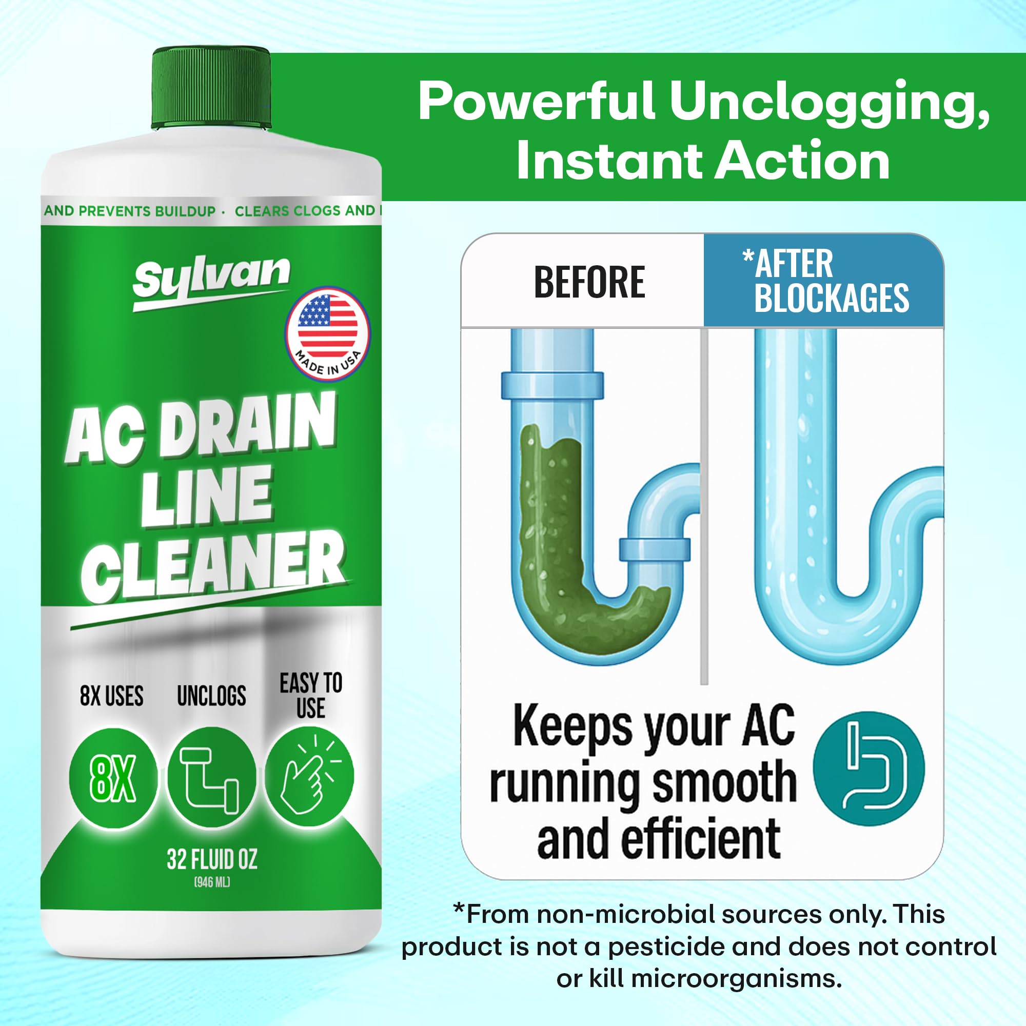 Sylvan Hills AC Drain Line Cleaner | Free Drain Brush | 32 Oz | 12 Month Supply | US Made | Universal Compatibility | Removes Clogs and Buildup from