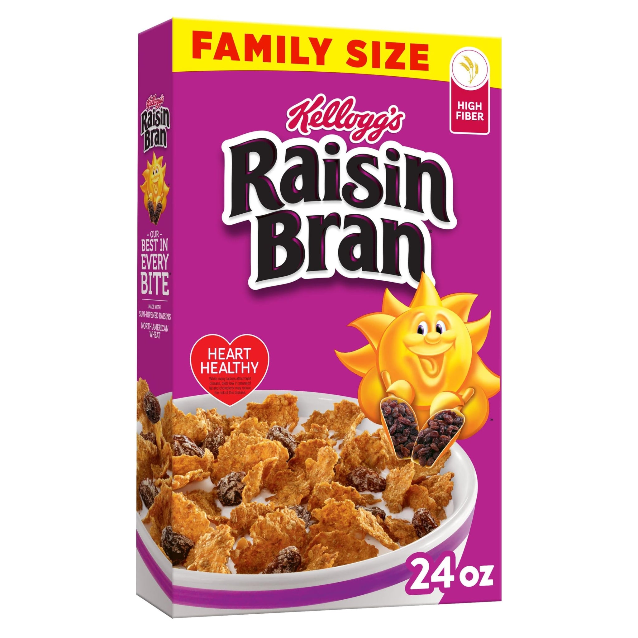 Kellogg's Raisin Bran Breakfast Cereal, High Fiber Cereal, Made with Real Fruit, Family Size, Original, 24oz Box (1 Box)