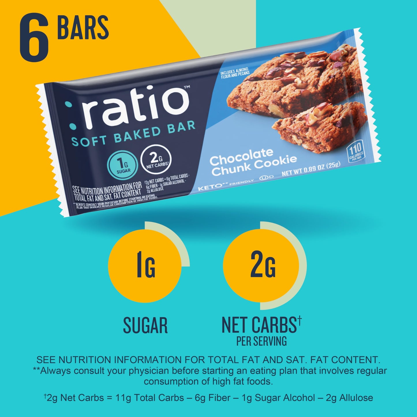 ratio Ratio Soft Baked Bars, Chocolate Chunk Cookie, 1g Sugar, Ket, 32.04 OZ
