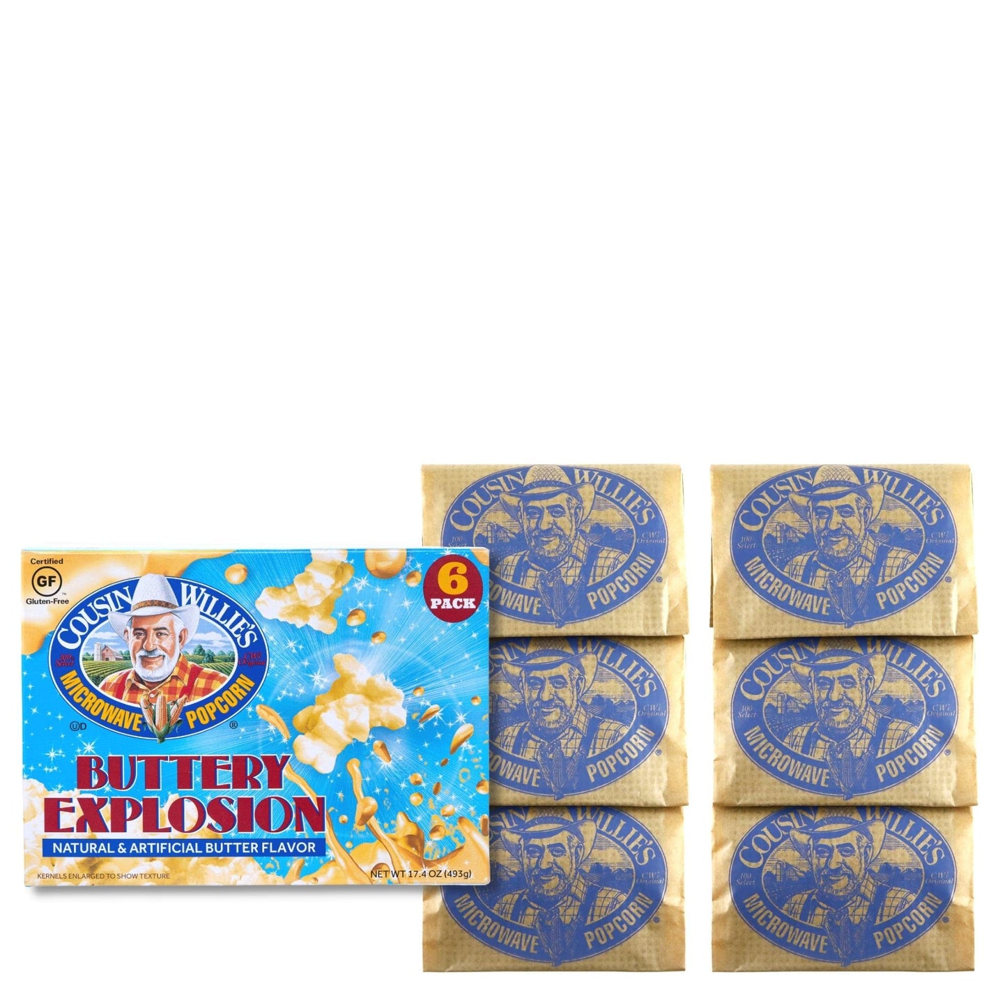 Cousin Willie's Microwave Popcorn Bags, Buttery Explosion (6 Bags), Gourmet Popcorn Boxes for Party, Whole Grain Popcorn, Gluten Free, Low Calorie