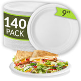 Reli. Compostable Paper Plates 9 Inch (140 Pack Bulk) White Disposable Plates 9" | Heavy Duty Paper, Eco-Friendly | Made of Sugarcane Fibers/Bagasse