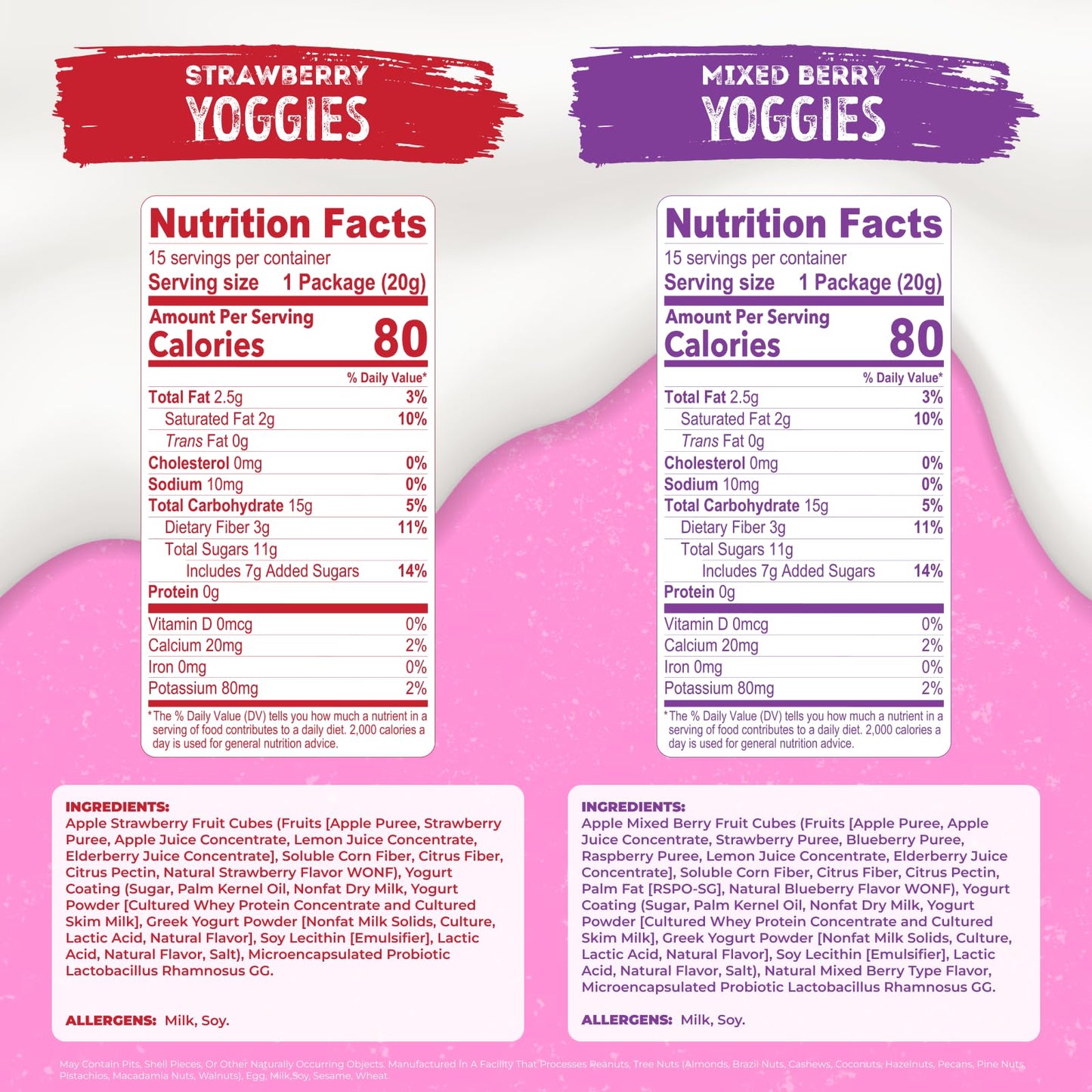Nature's Garden Probiotic Yoggies Multi Pack, 21oz (Strawberry 15x0.7 oz + Mixed Berry 15x0.7 oz) Yogurt Covered Healthy Snack, High Fiber, Real Fruit