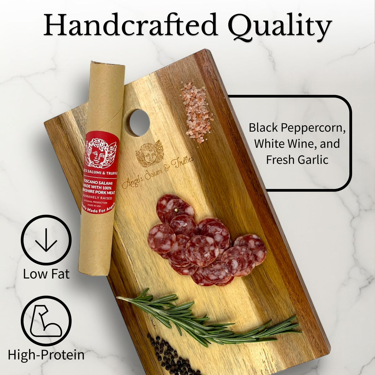Angel's Salumi & Truffles Italian Toscano Salami - 5.5oz Gourmet Artisanal Charcuterie - Humanely Raised, Vegetarian Fed, Antibiotic, Hormone, MSG
