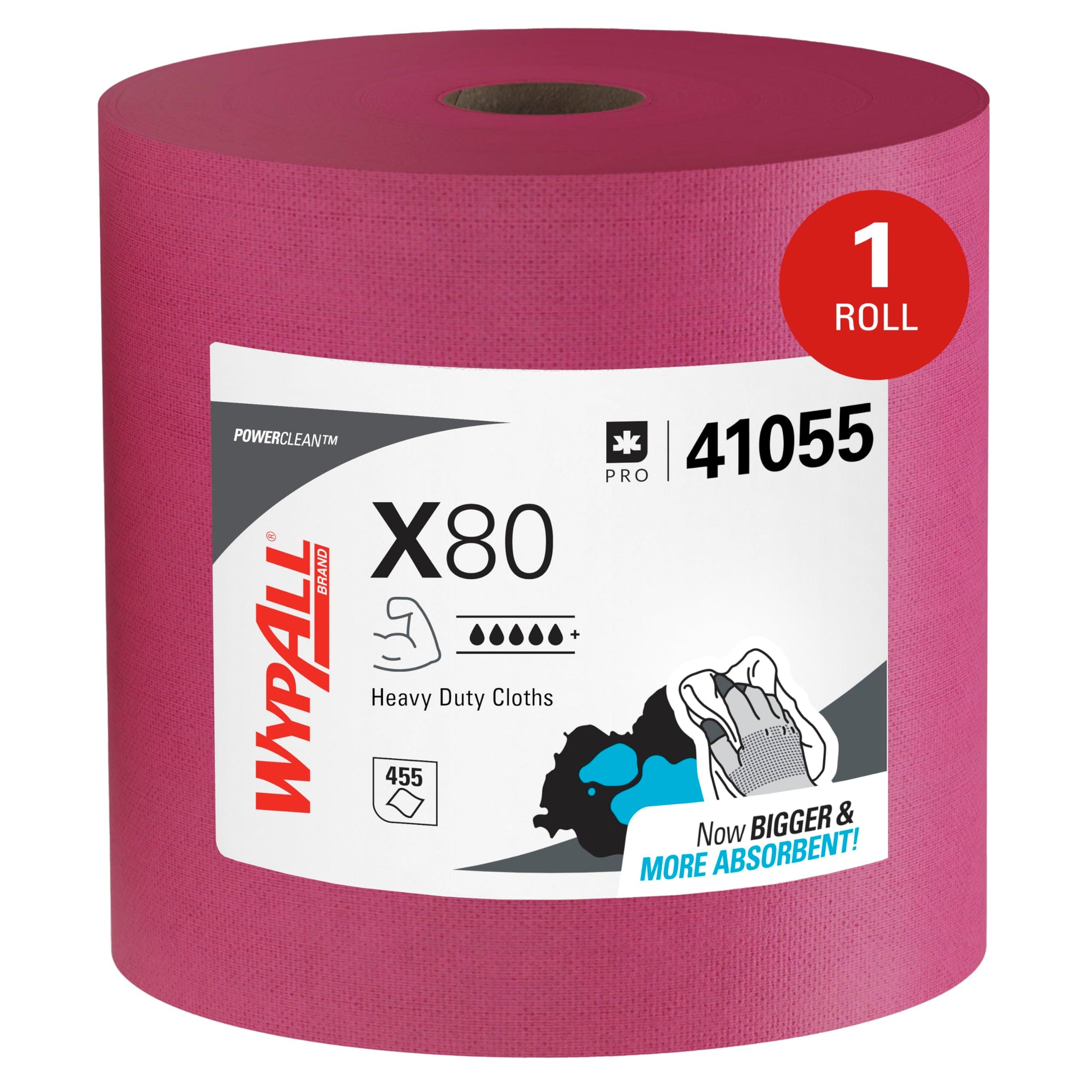 WypAll PowerClean X80 Cloths Heavy Duty Wipes (41055), Jumbo, Extended Use Towels, Red (1 Roll of 455 Sheets, 455 Sheet Total)