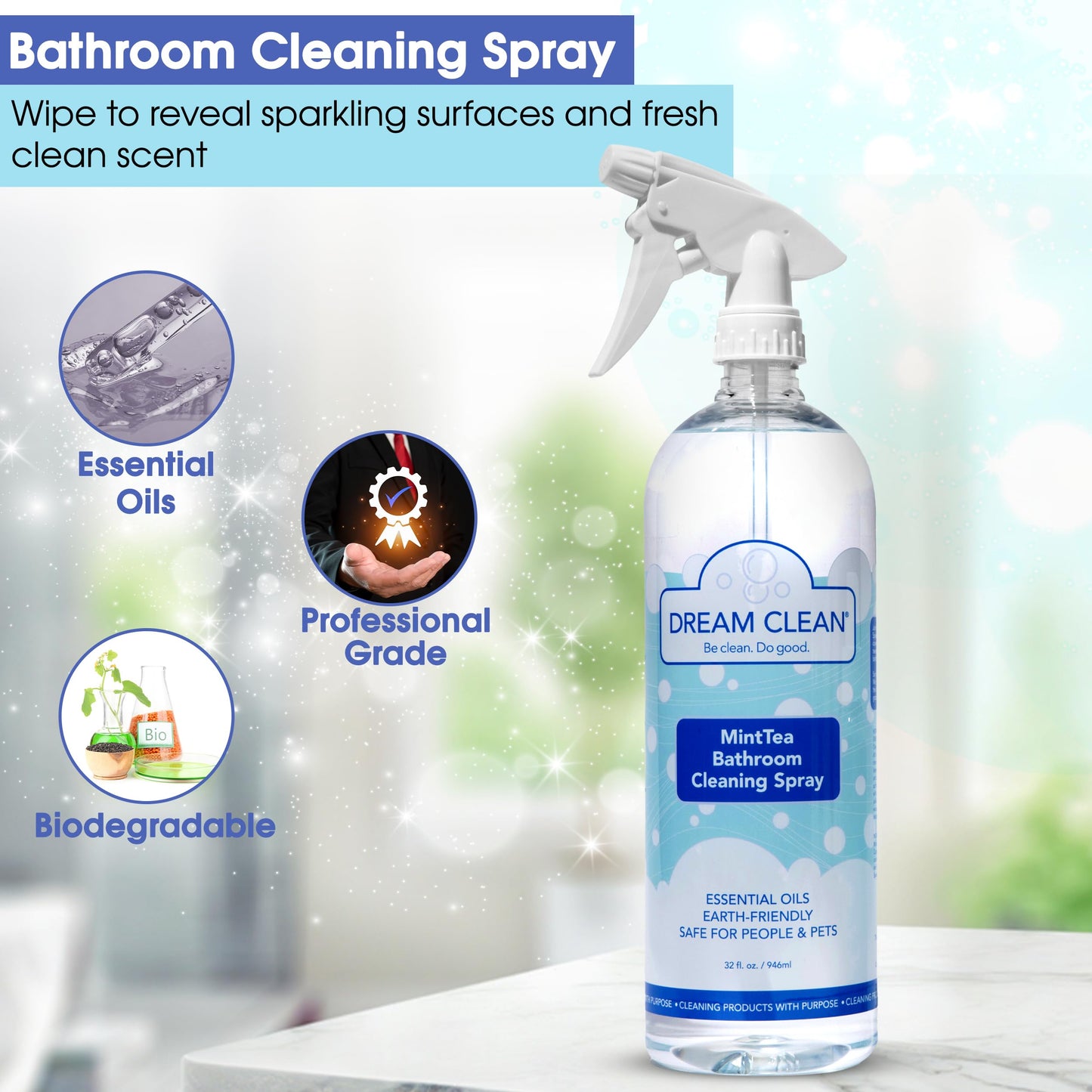 DREAM CLEAN MintTea Bathroom Cleaning Spray - Biodegradable and Cruelty-Free Formula for Showers, Tubs, Sinks & More, Spearmint & Tea Tree Essential