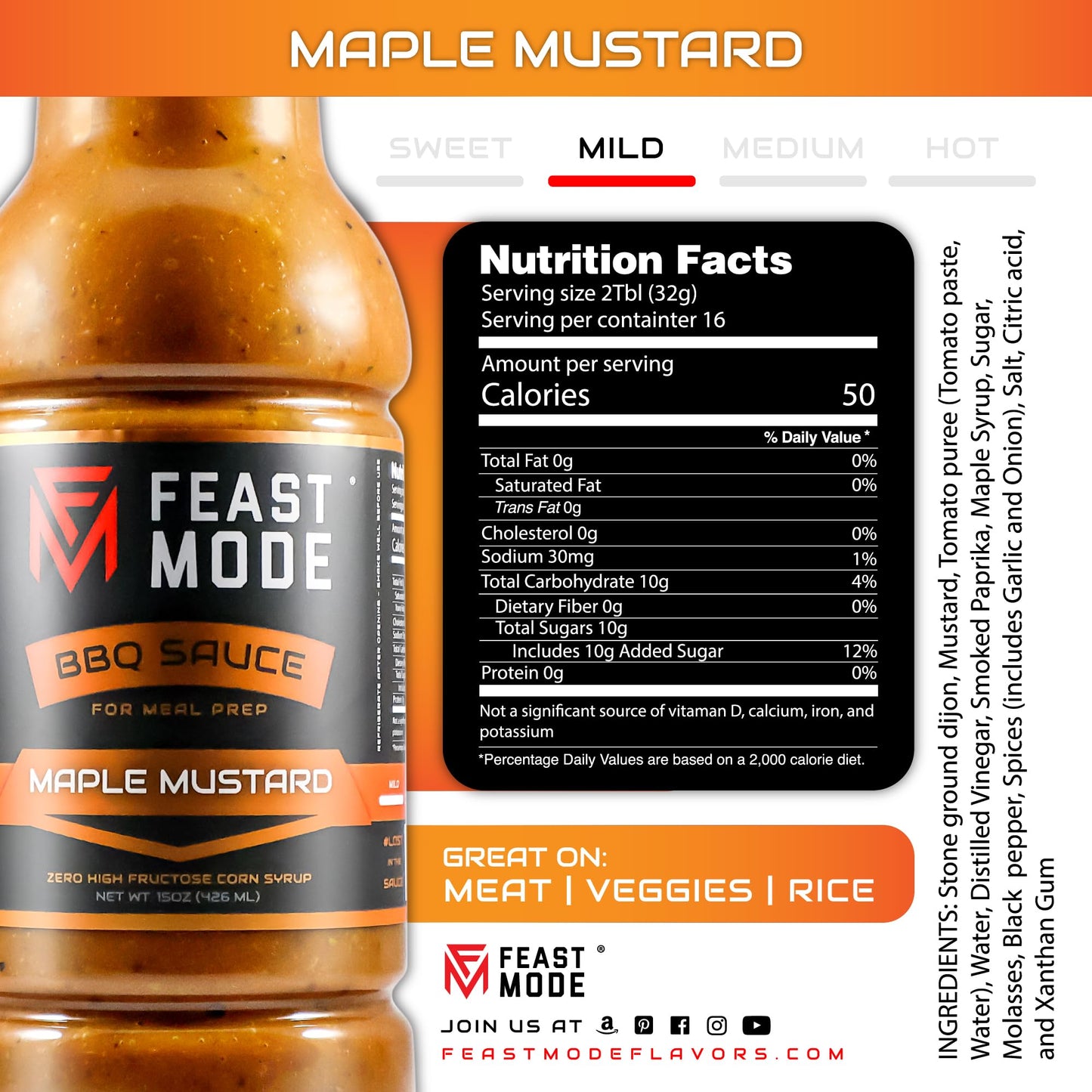 Maple Mustard BBQ Sauce by Feast Mode Flavors | Low Sodium | Low calorie | Guten Free | Vegan Friendly | Zero High Fructose Corn Syrup | Healthy