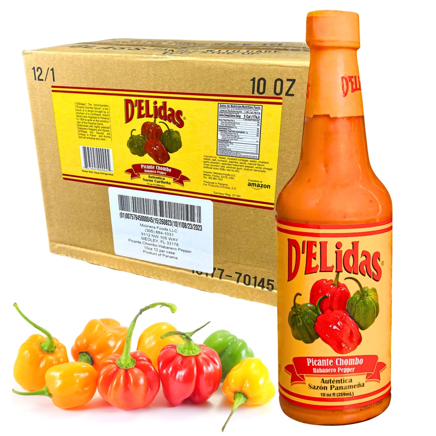 D'ELidas Habanero Hot Sauce, Natural Habanero Pepper Hot Sauce, Chombo Picante Sauce #1 in Panama, Non-GMO, Keto Friendly Food Habanero Sauce, 10 Fl