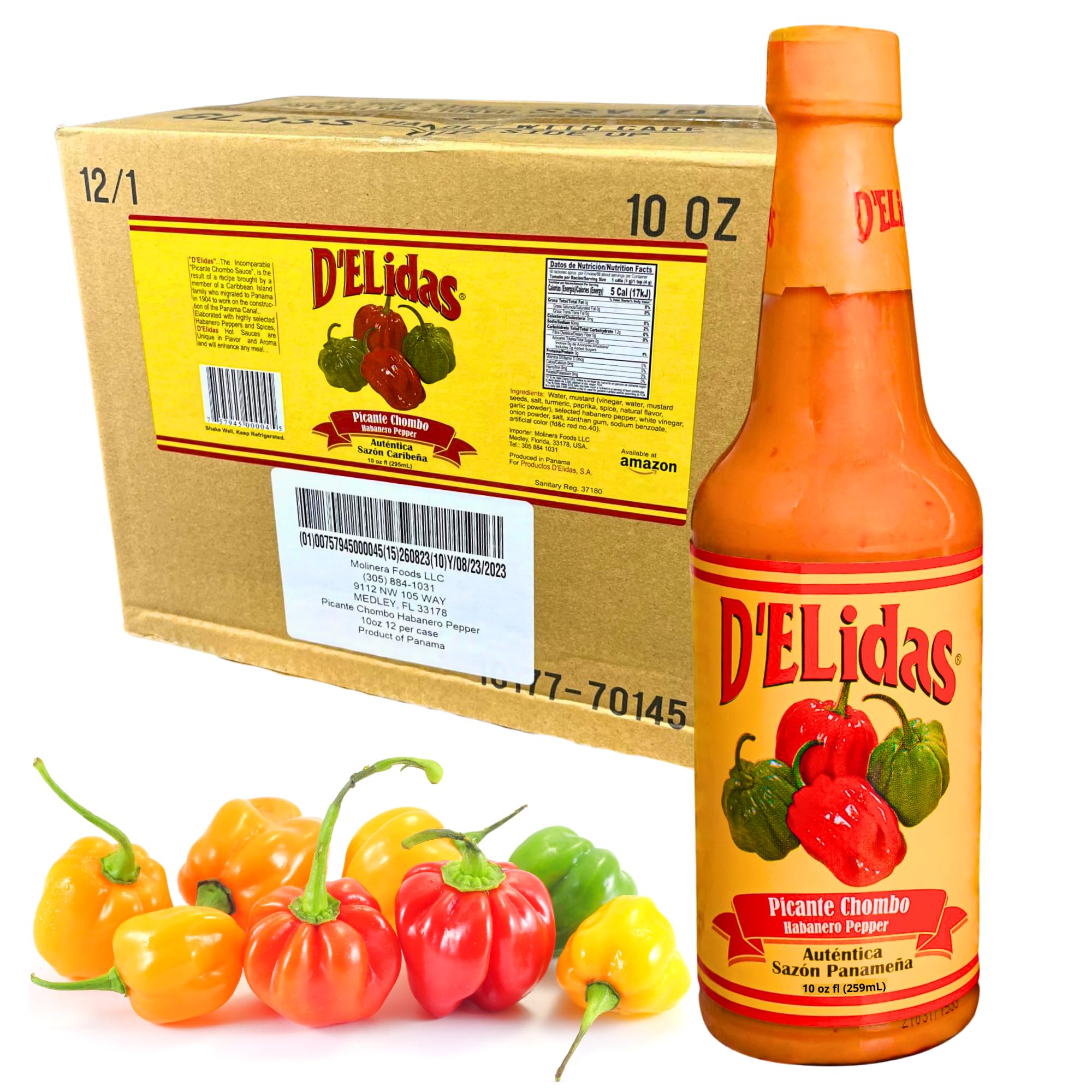 D'ELidas Habanero Hot Sauce, Natural Habanero Pepper Hot Sauce, Chombo Picante Sauce #1 in Panama, Non-GMO, Keto Friendly Food Habanero Sauce, 10 Fl