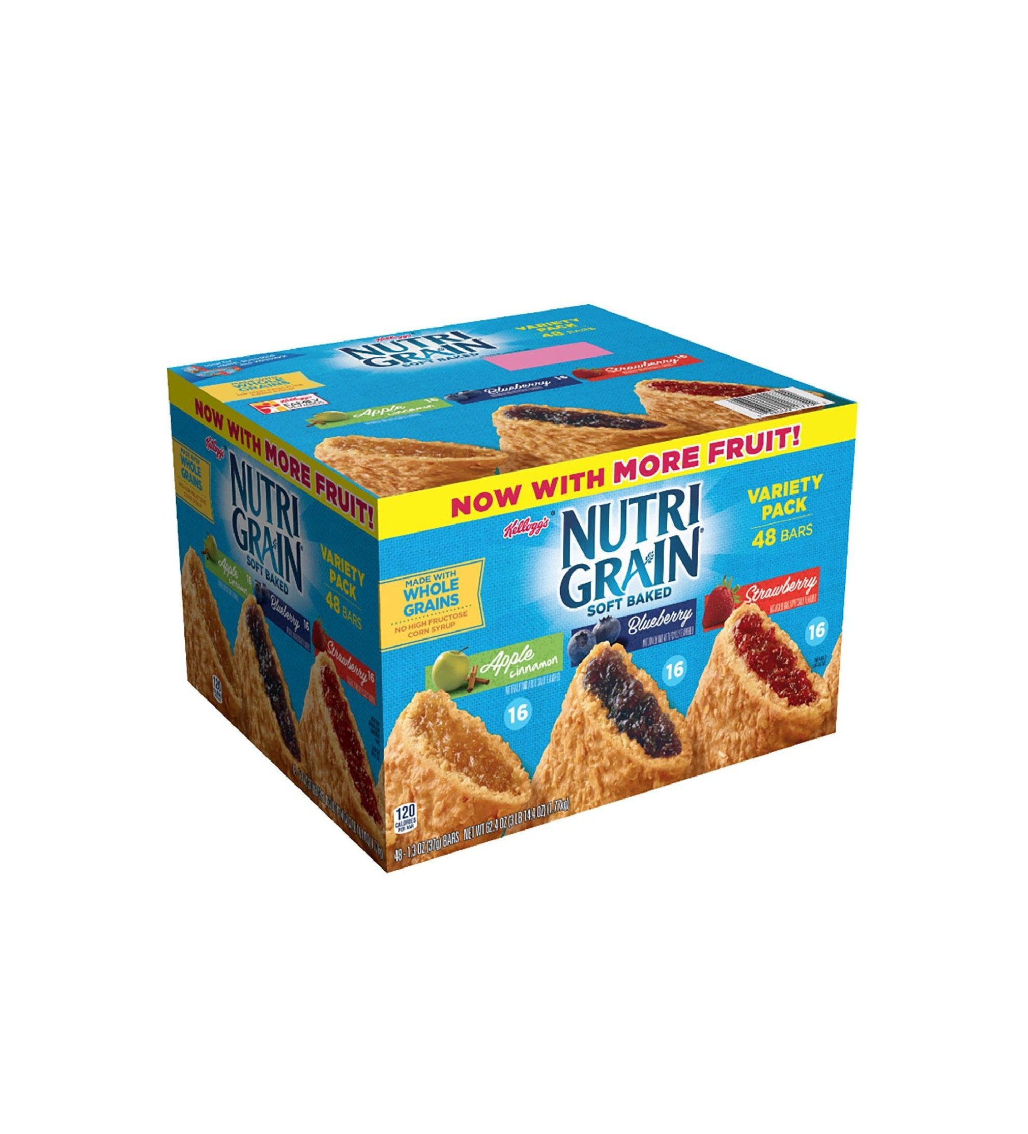 Kellogg's Nutri-Grain Variety Pack Soft Baked Breakfast Bars - Grab-N-Go Snacks, Apple Cinnamon, Blueberry, and Strawberry (48 Count)