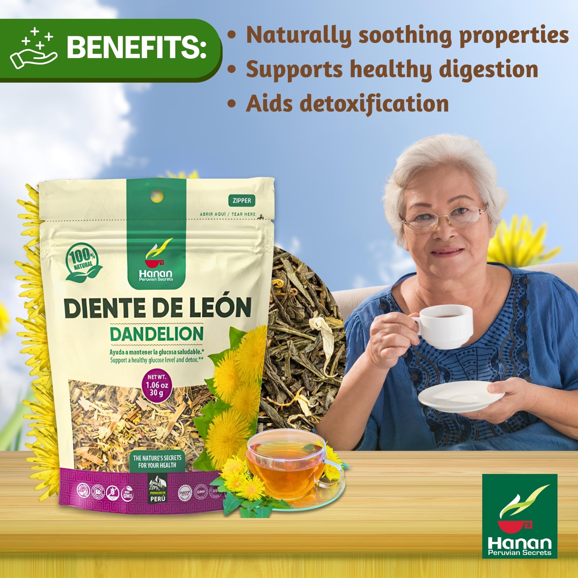 Hanan Dandelion Root Tea Loose Leaf - 100% Natural Diente de León Herbal Tea from Peru, Caffeine-Free Infusion for Digestive Support, Detox, Dried