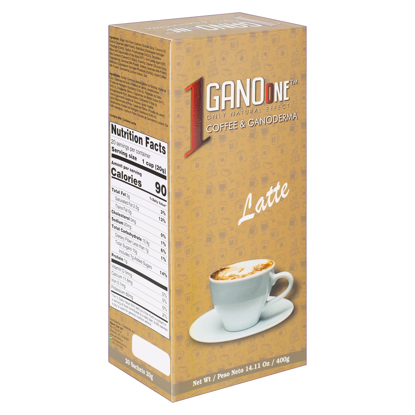 2 Boxes GanoOne Latte Reishi Mushroom Instant Coffee - with Organic Ganoderma Extract - Blend with Creamer and Sugar - Easy to Use 20 Single - Serve