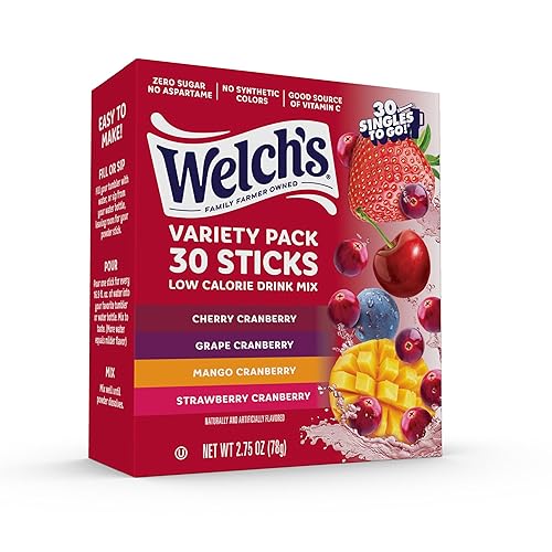 Welch’s Singles To Go! Cranberry Variety Pack Drink Mix, Sugar Free Water Flavor Packets, No Aspartame, No Artificial Dyes, Low Calorie, 4 Flavors