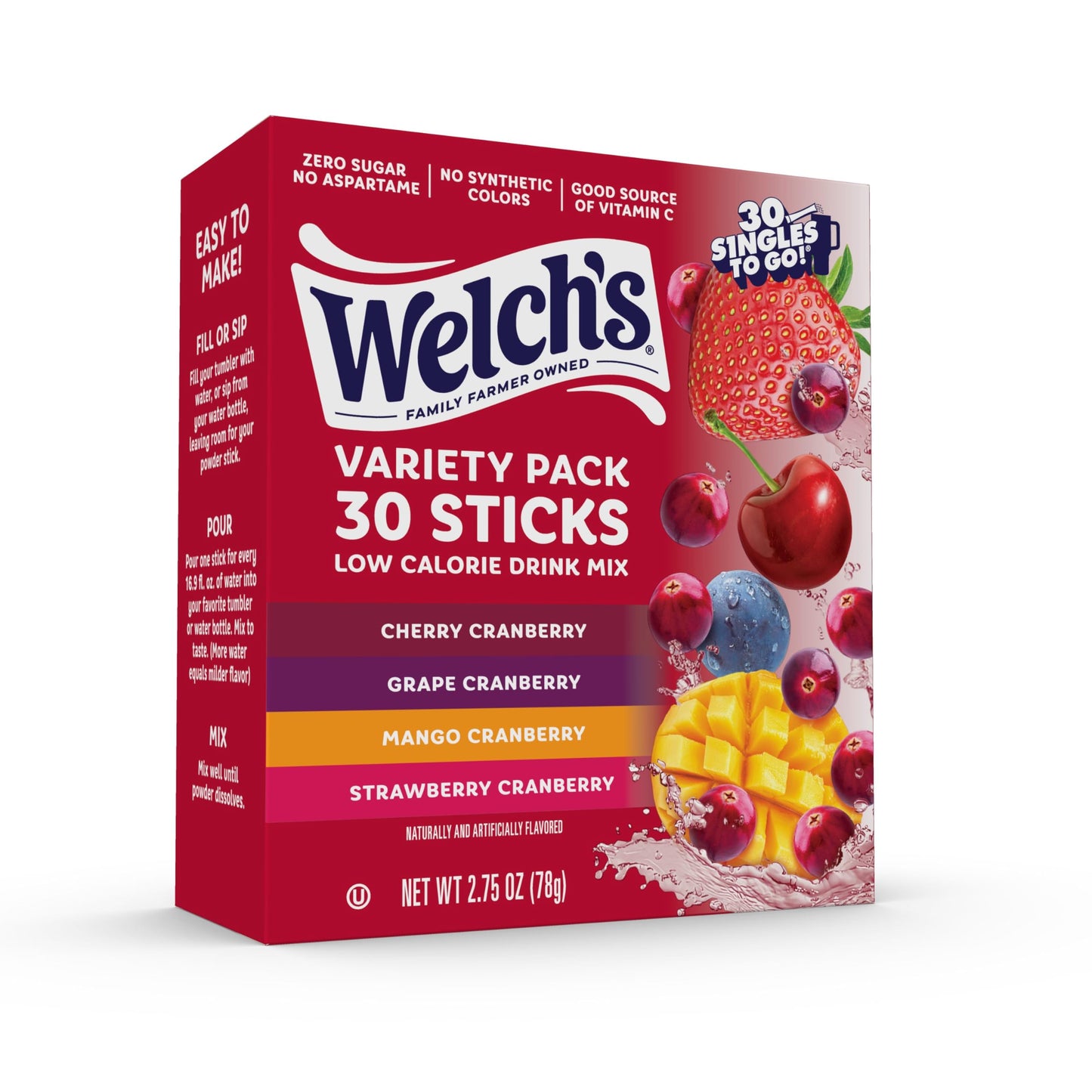 Welch’s Singles To Go! Cranberry Variety Pack Drink Mix, Sugar Free Water Flavor Packets, No Aspartame, No Artificial Dyes, Low Calorie, 4 Flavors