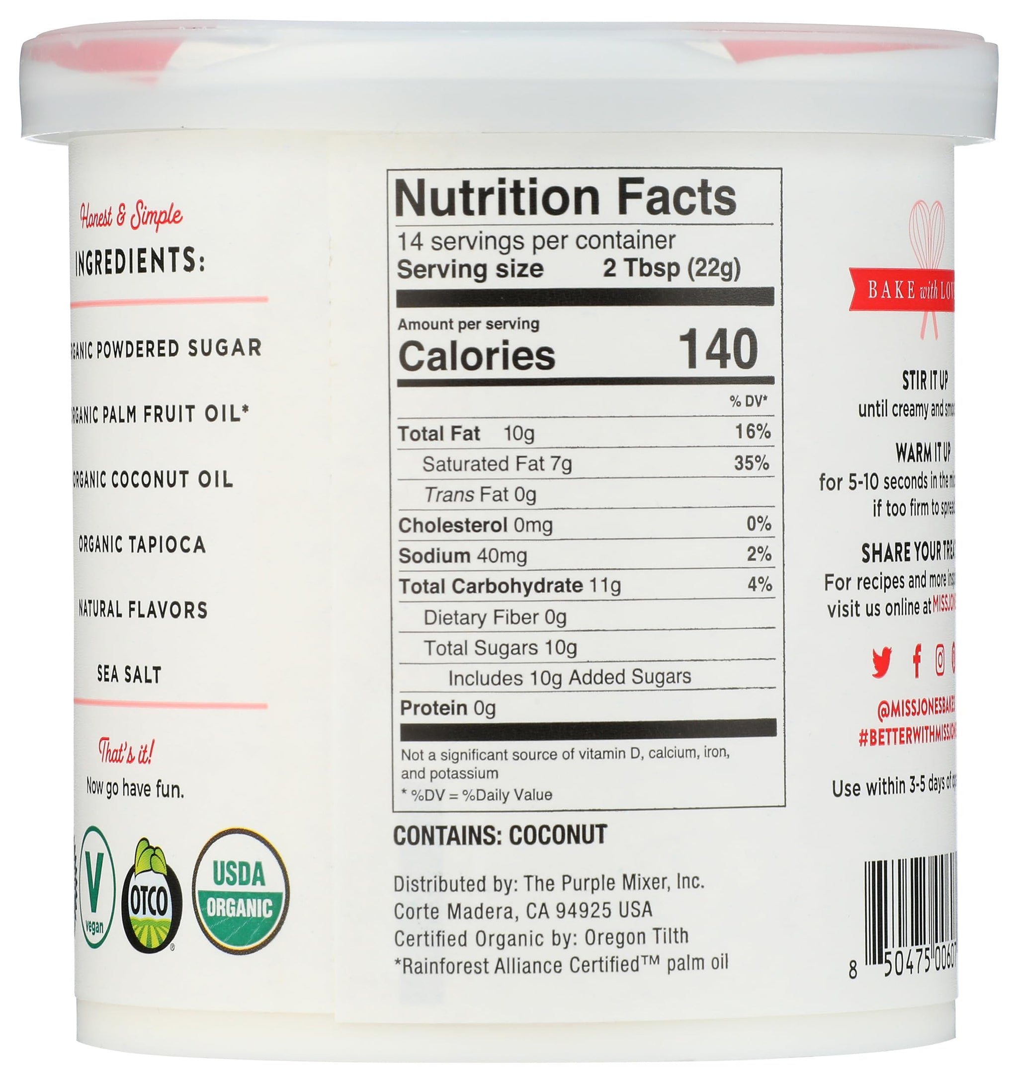 Miss Jones Baking Co Organic Cream Cheese Flavored Frosting, 11.29 OZ