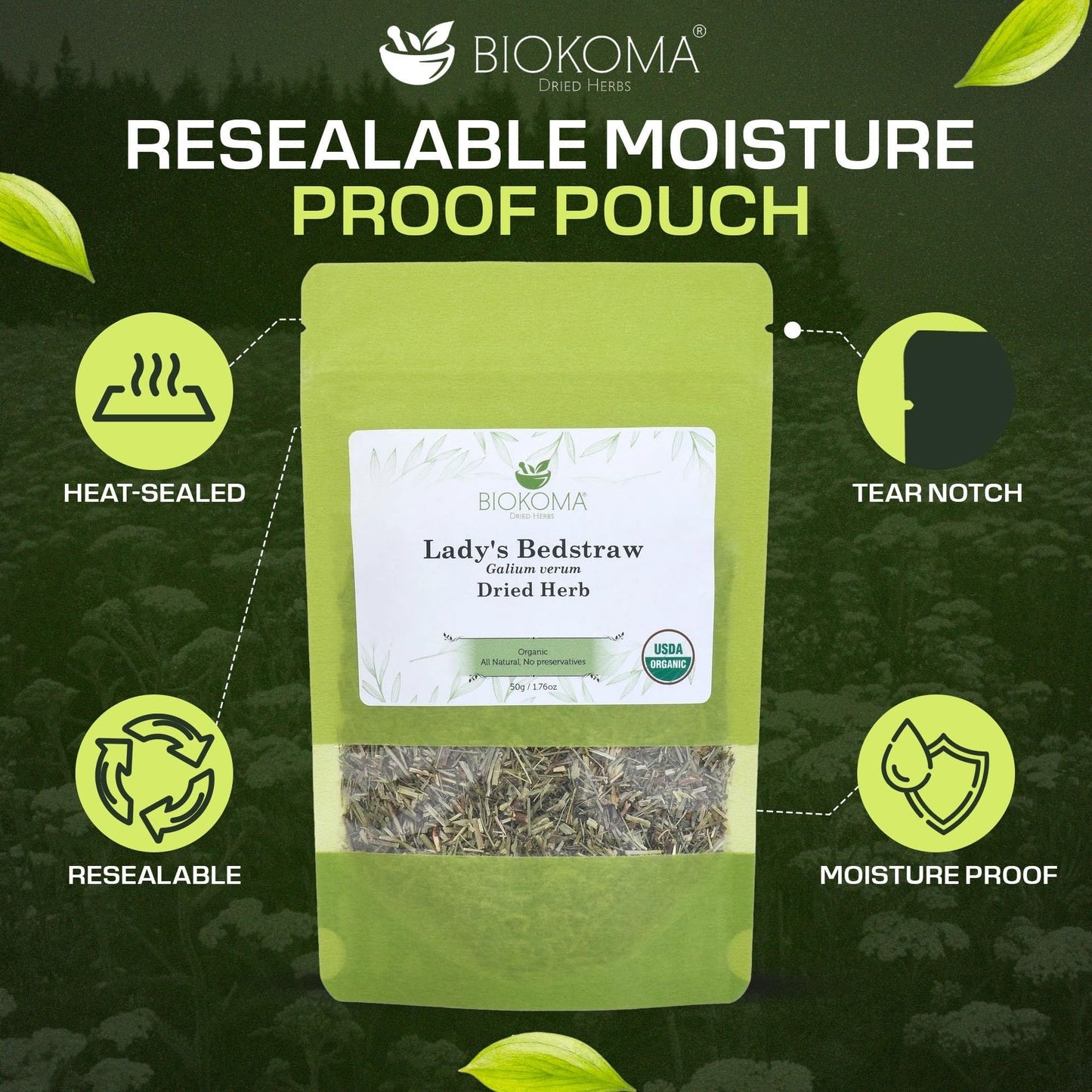 Biokoma Organic Lady's Bedstraw Dried Herb 50g 1.76oz Premium Galium Verum USDA Organic Herbal Tea Lymphatic Kidney Support Resealable Pouch No