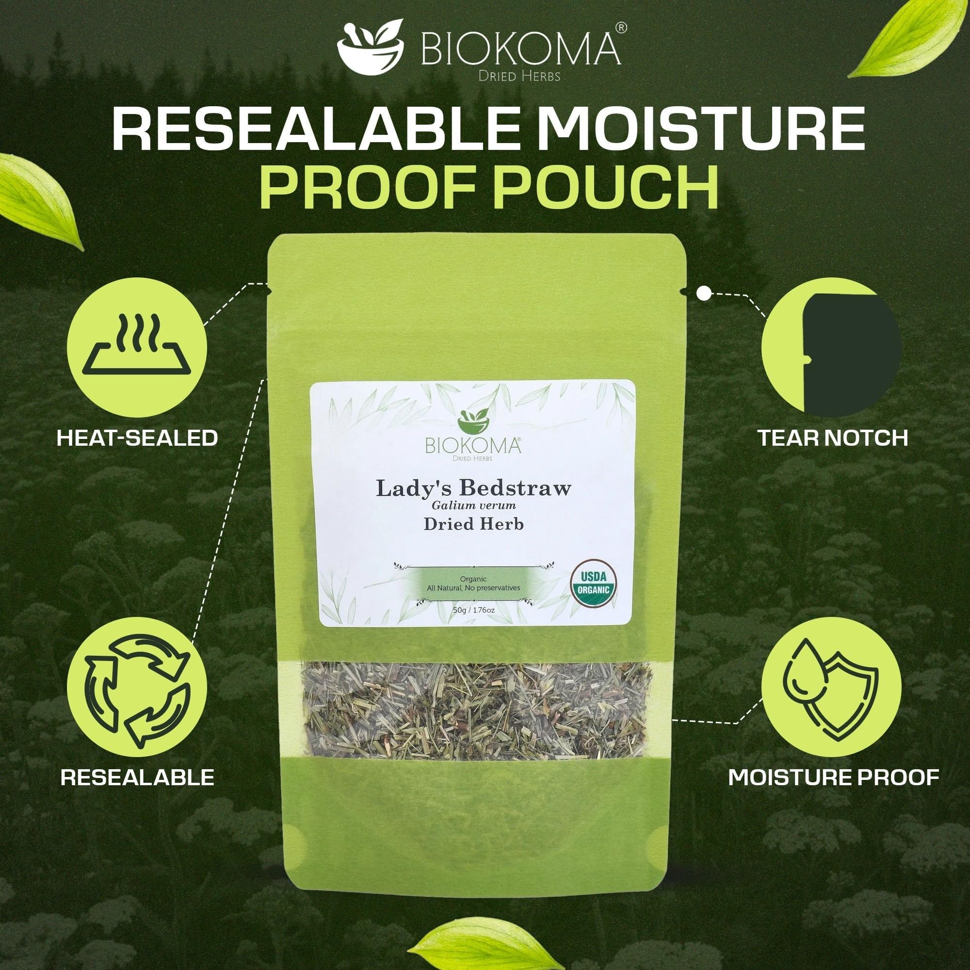 Biokoma Organic Lady's Bedstraw Dried Herb 50g 1.76oz Premium Galium Verum USDA Organic Herbal Tea Lymphatic Kidney Support Resealable Pouch No
