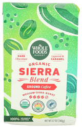 Whole Foods Market, Organic Sierra Blend Ground Coffee, Medium-Dark Roast, Dark Chocolate & Caramel, 12 Ounce