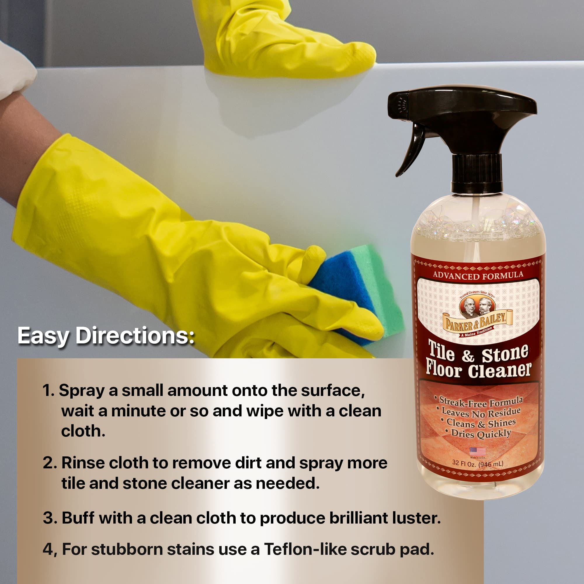 Parker & Bailey Tile & Stone Cleaner - Granite Countertop Kitchen Island Cleaning Spray Marble Tile Slate Quartz Daily Granite Bathroom Counter - 32