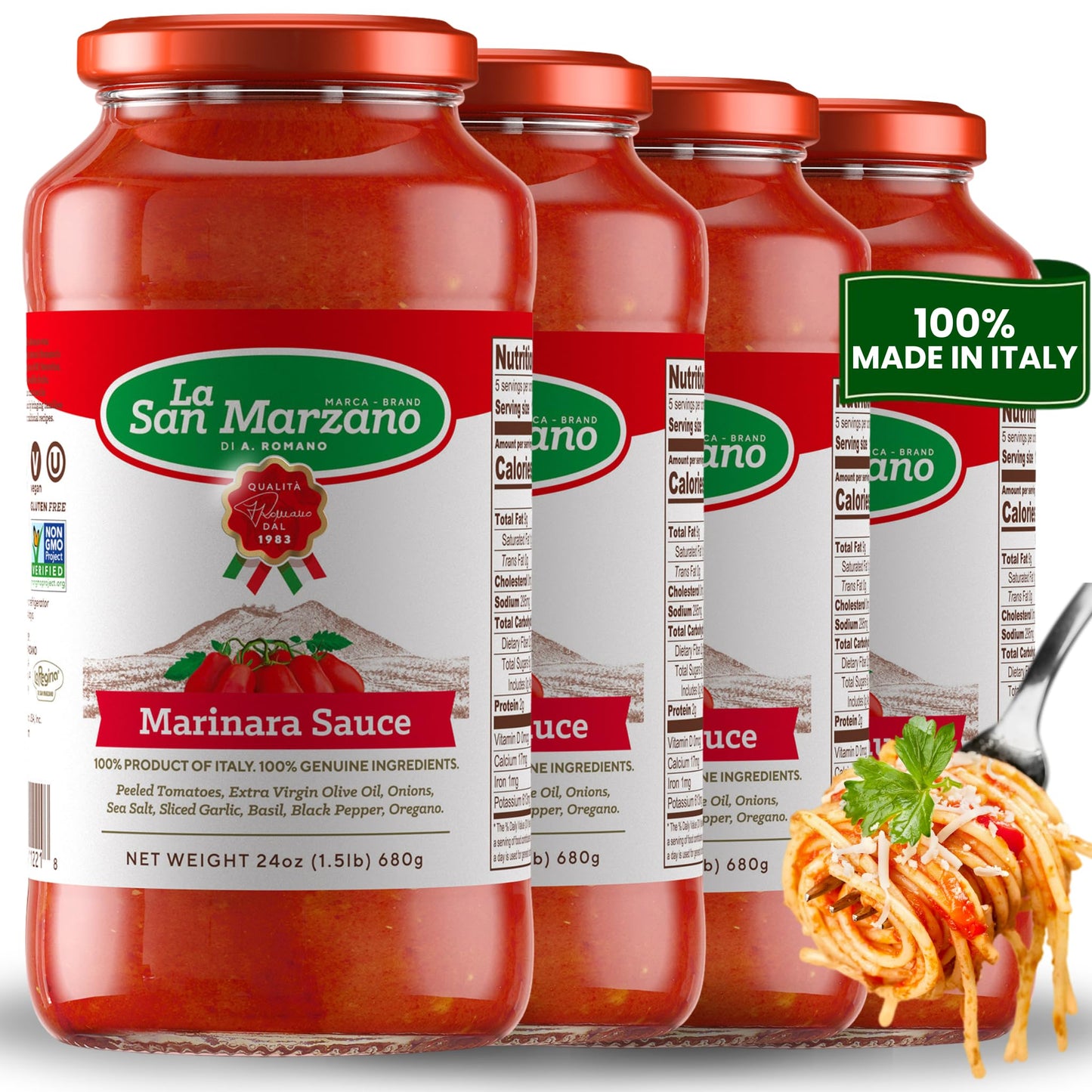 La San Marzano Marinara Sauce, 24 oz, Pasta Sauce Made in Italy, All Purpose Tomato Premium Quality, All Natural, Mediterranean Diet, Non GMO, Vegan